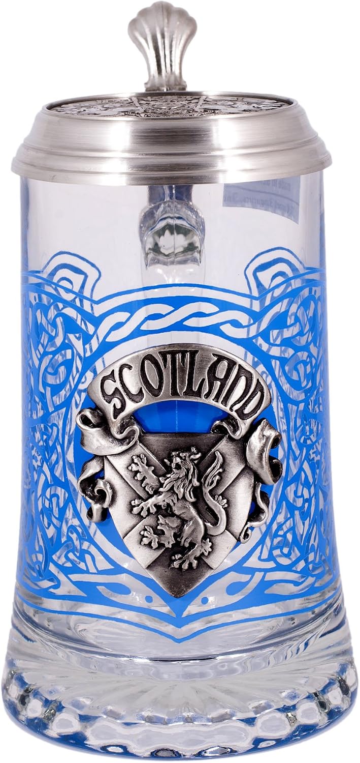 Scotland Glass Beer Stein with Pewter Lid and Pewter Medallion