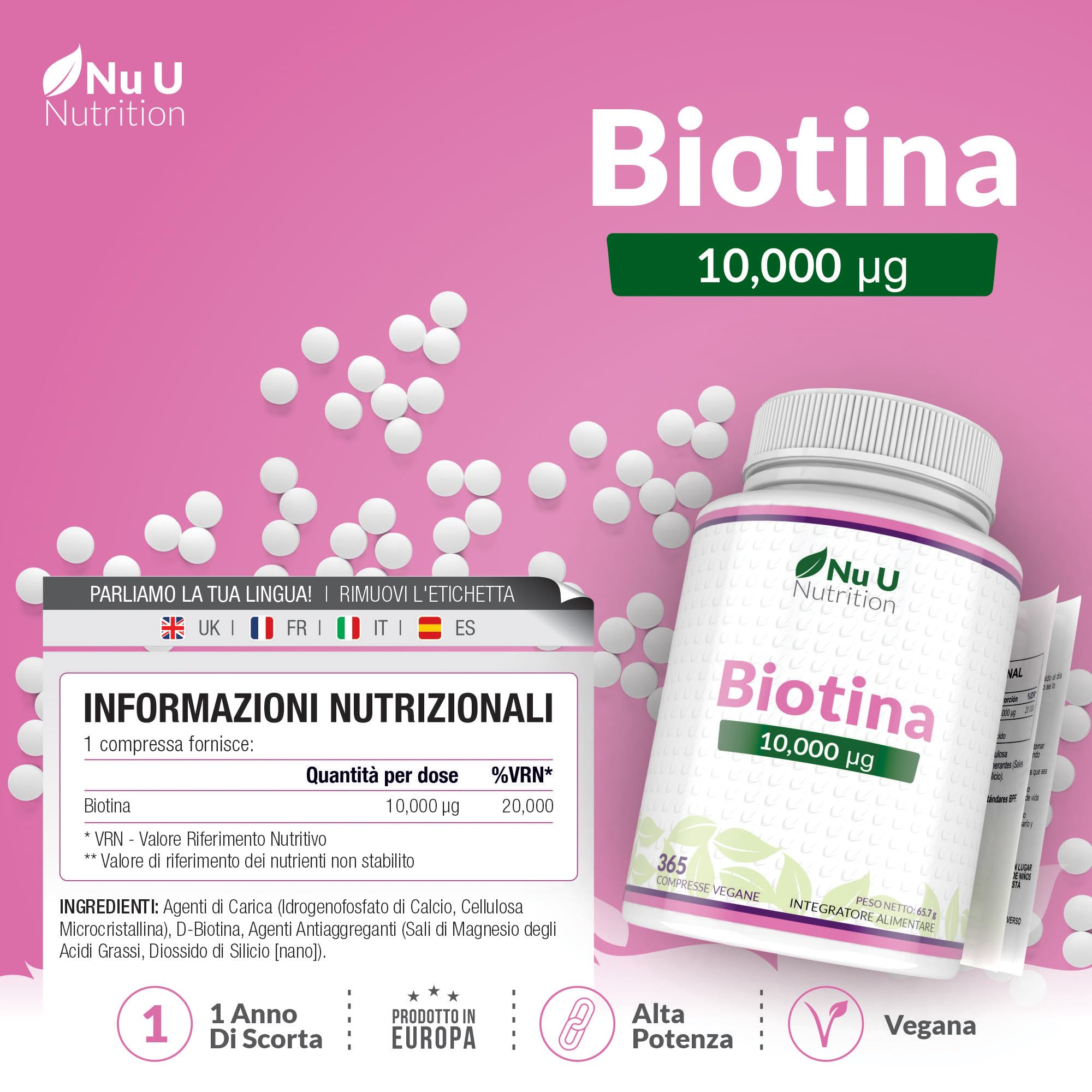 Biotina 10000 mcg - 365 Compresse Vegane - 1 Anno di Trattamento - Integratore per Crescita Capelli, Unghie & Pelle - Prodotto in Europa - Nu U Nutrition