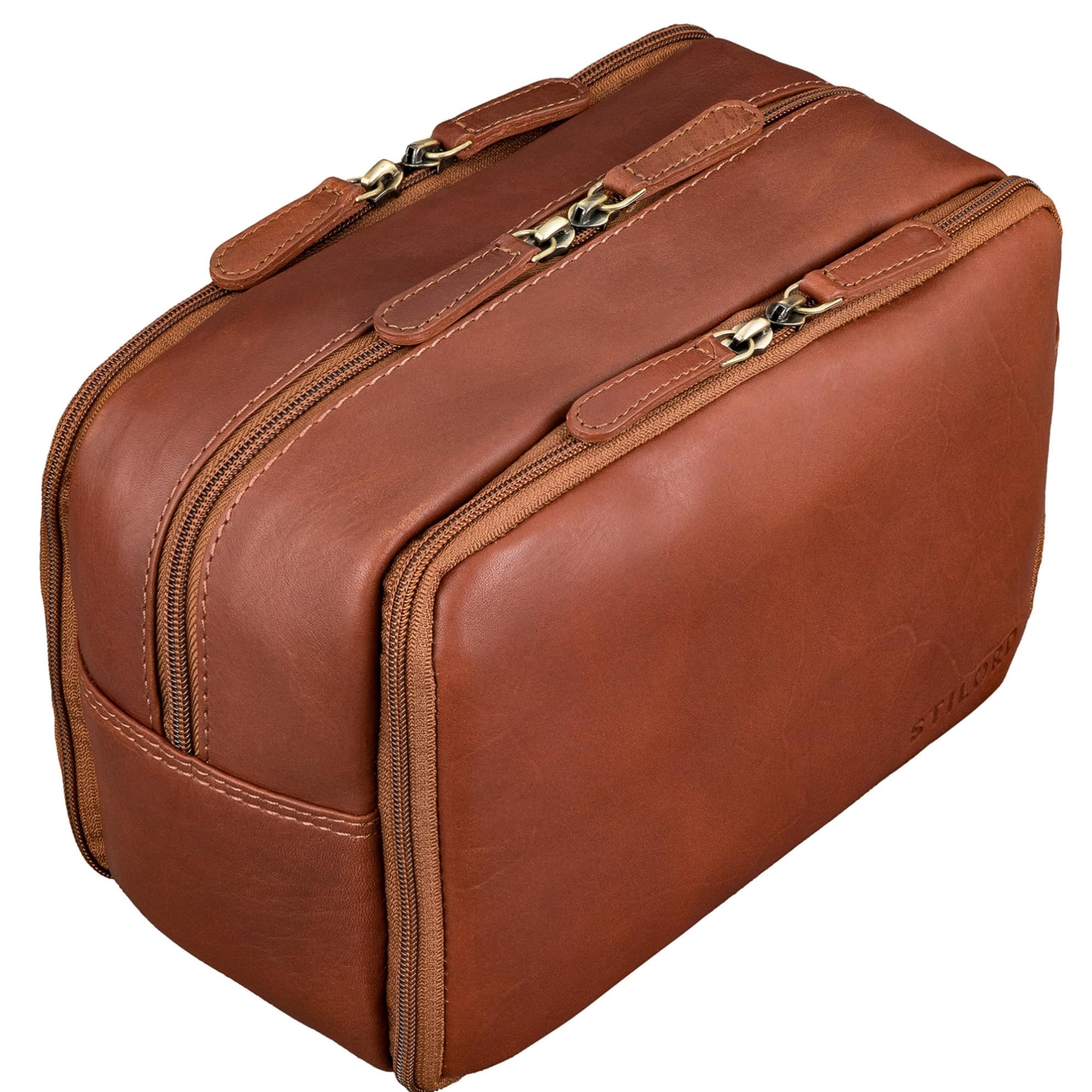 STILORD Corse Neceser Hombre Cuero XL Grande Bolsa de Aseo Viaje Neceser Mujer Organizador Neceser de Viaje con Compartimentos Piel auténtica Color:Cognac-marrón