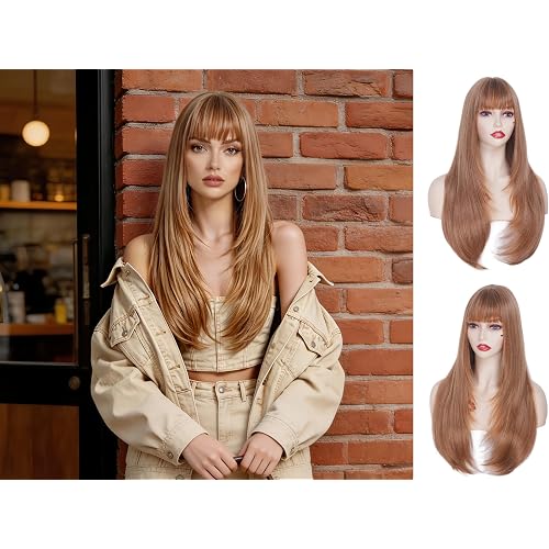 Mixed Blonde Wigs for Women Long Straight Strawberry Blonde Wig with Bangs Synthetic Natural 22 Inches Wig for Vintage Cosplay,Halloween,Daily Use