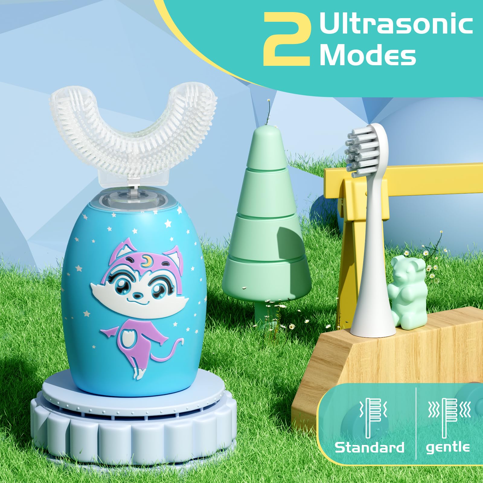 Spazzolino elettrico a forma di U per bambini con 4 testine, spazzolino sonico per bambini con timer 60s, design impermeabile IPX7, età 2-14, motivo carino blu