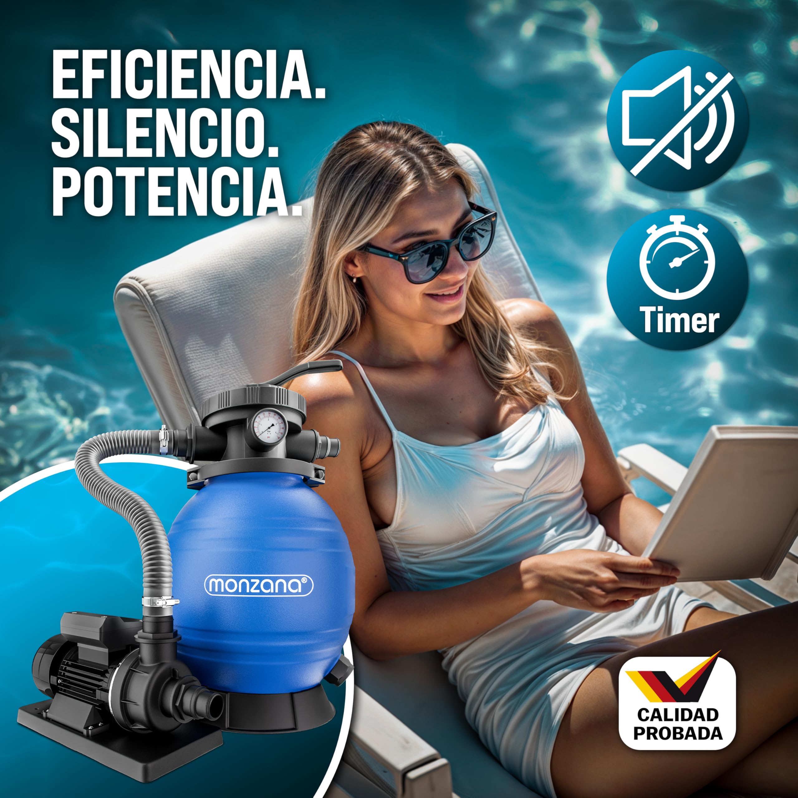 MONZANA® Depuradora Piscina 10.200L/h Filtro de Arena hasta 35.000L incl. Vidrio Filtrante Válvula 7 Funciones Filtrado 450W Adaptador Ø32-38mm Bomba Indicador de Presión