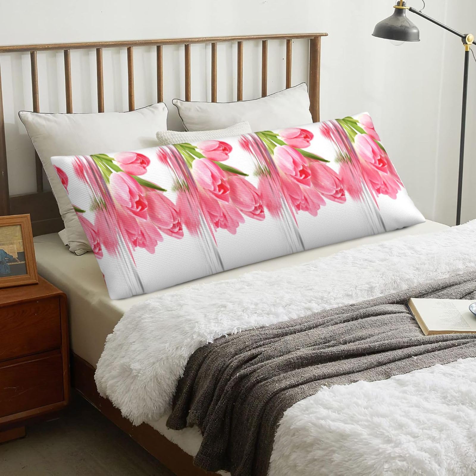 Tulip Water Effect Fresh Lovely Flower Pink, Body Pillow Cover with Zipper,Long Body Pillowcase 20 x 60 in