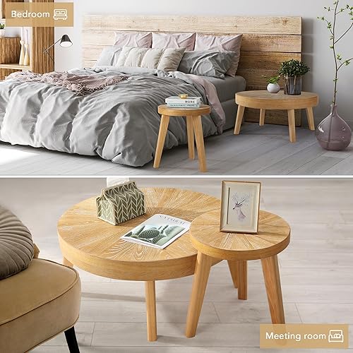 Miniatura 6 de Juego de 3 mesas auxiliares redondas de granja, mesa auxiliar para sofá bohemio con acabado natural de madera para sala de estar, dormitorio,