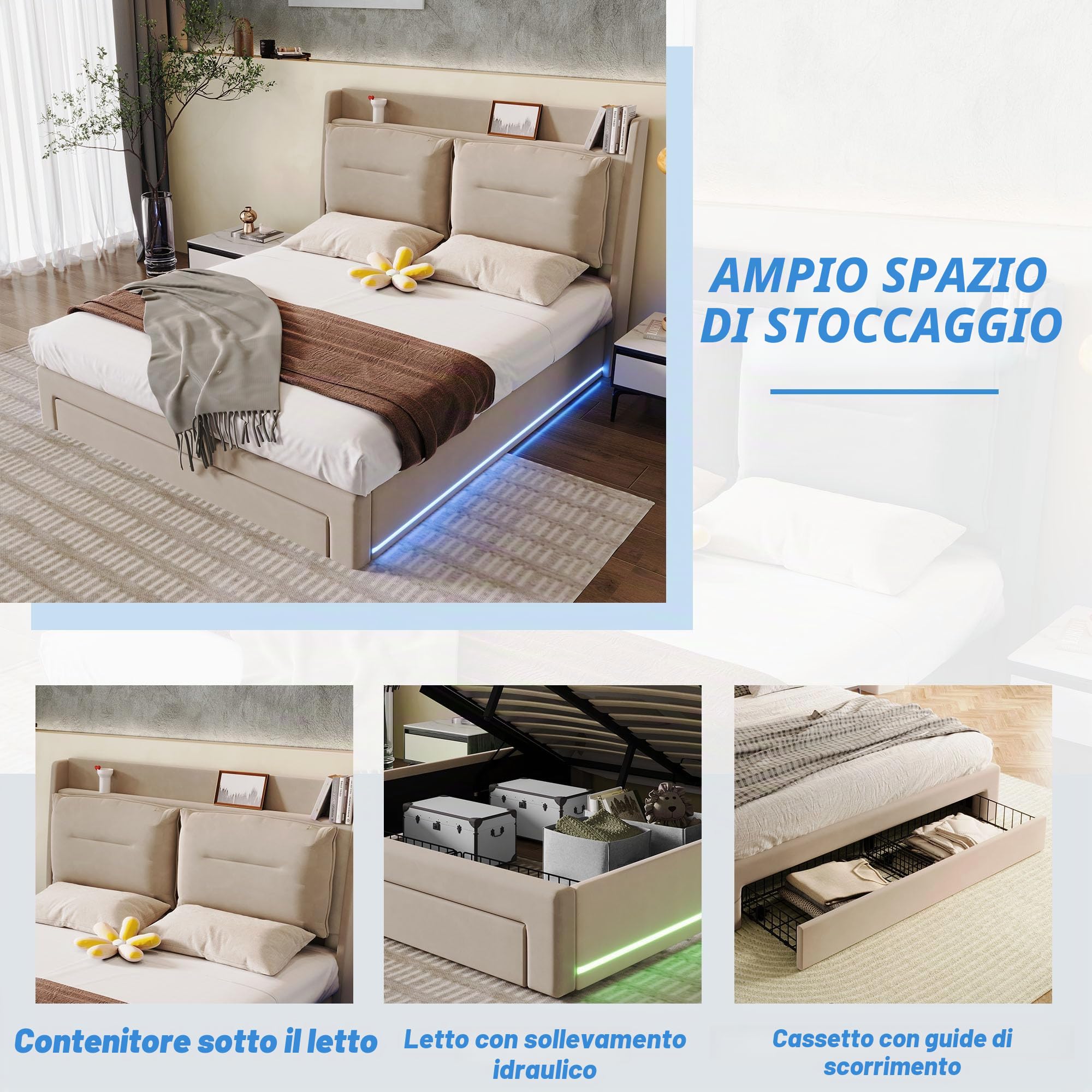 Letto 180x200 con LED e cassetti, letto imbottito 180 x 200 cm, con vano portaoggetti e testiera, letto matrimoniale con rete a doghe, letto giovanile idraulico in velluto, beige, senza materasso