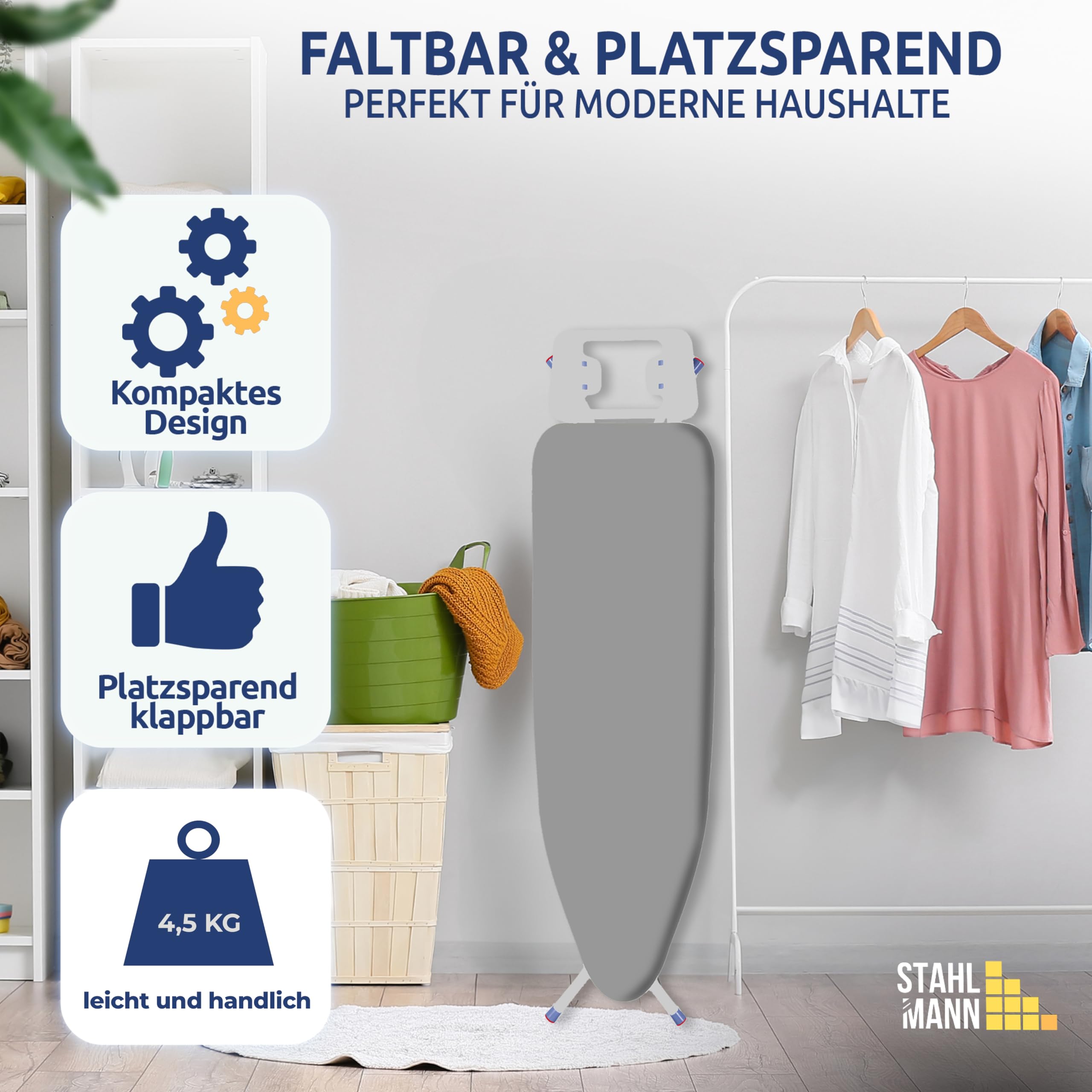 STAHLMANN ® Bügelbrett [114x34 Bügelfäche ] Grau mit rutschfesten Füßen – robuster Bügeltisch – extra stabiles Bügelbrett [Made IN EU] – Tischbügelbrett