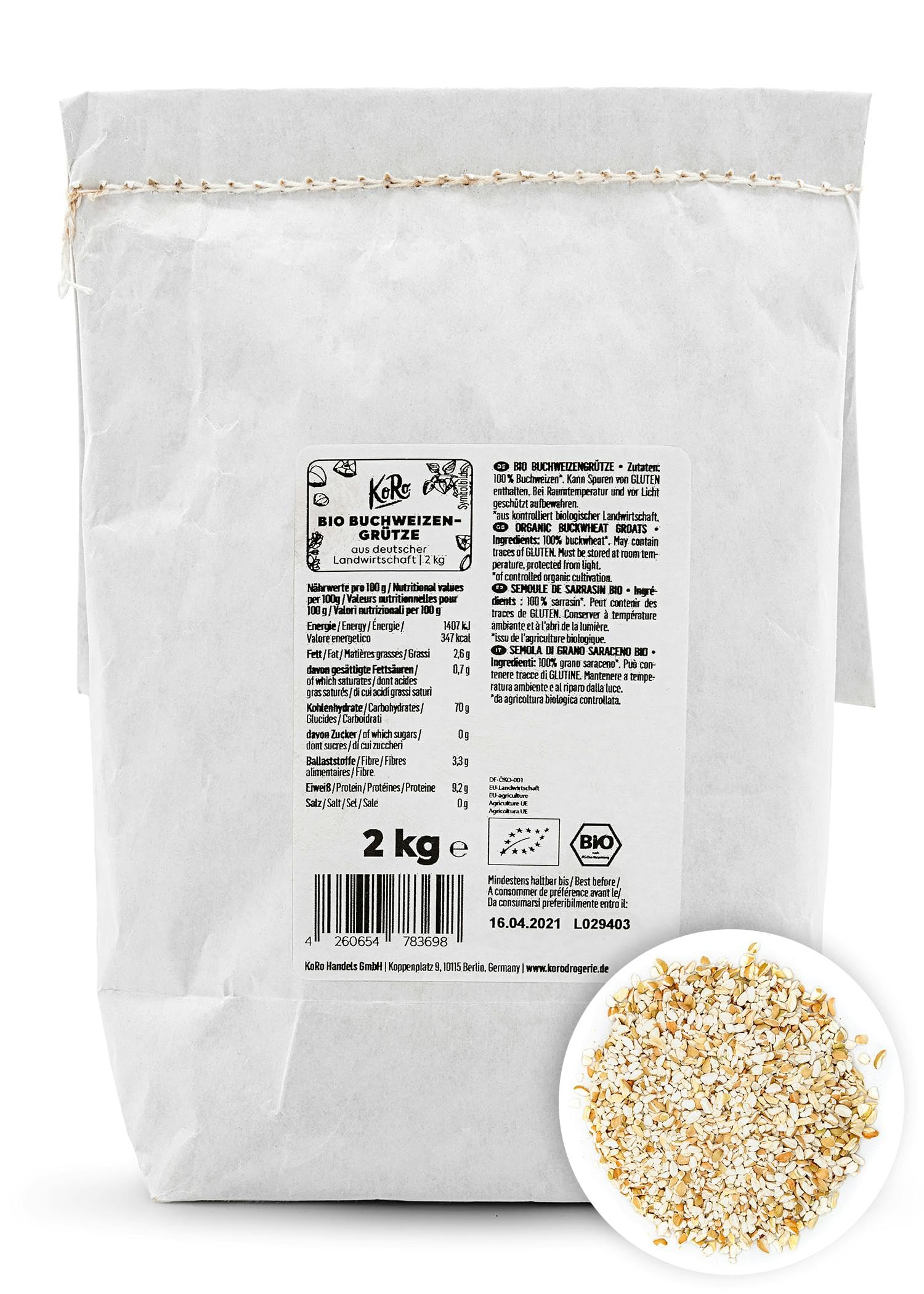 KoRo - Semoule de sarrasin 2 kg - Bio - goût naturel et légèrement noiseté - idéal pour porridge et recettes salées
