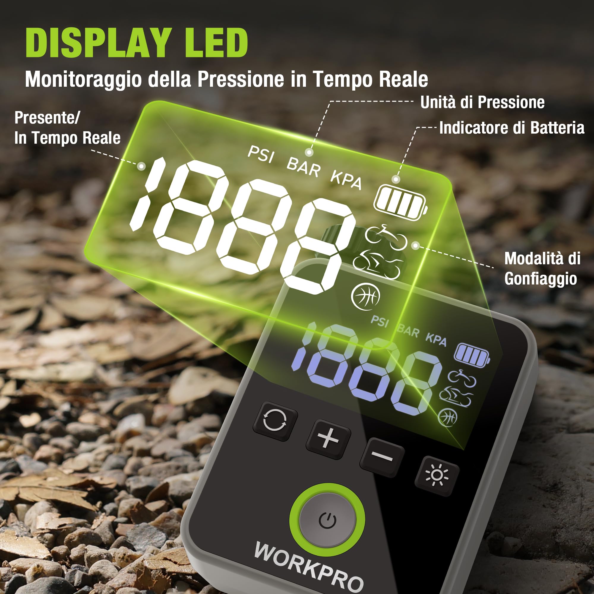 WORKPRO Mini Compressore Portatile 140 PSI, Pompa Elettrica Ricaricabile per Biciclette, Moto e Palloni, con Display LED e Luce Integrata