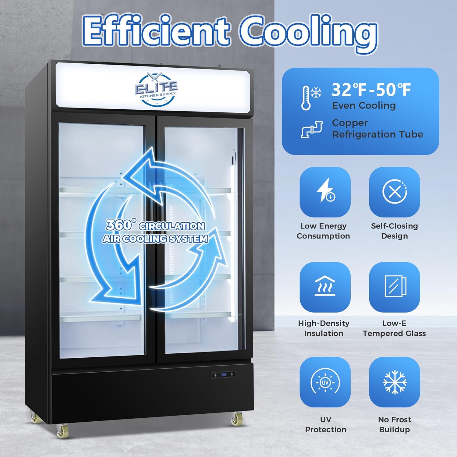 Commercial 2 Glass Door Refrigerator Merchandiser, ETL Upright Display Fridge Cooler, 2 Section 44" W 970 L Fan Cooling Restaurant Kitchen Cafe
