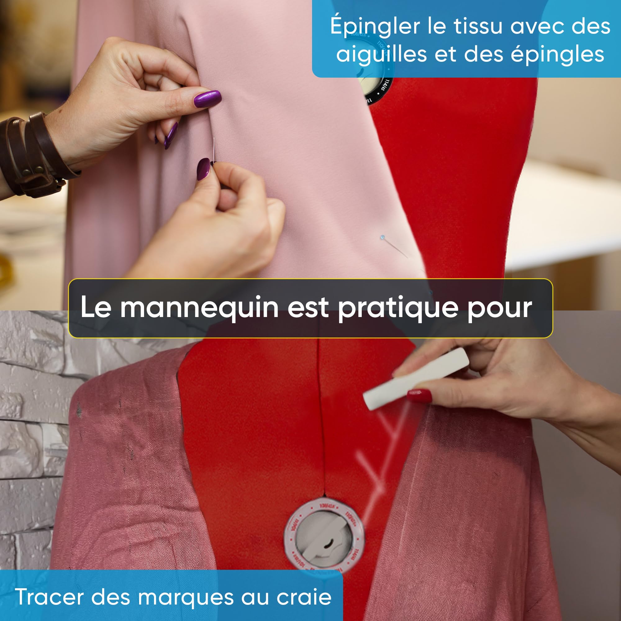 EFFEKTIV - Mannequin Couture Femme pour Exposition de Couturières, Mannequin Couture Femme Reglable en Hauteur, Design Ergonomique avec Fixateurs, 13 éléments, Taille S-L (36 - 44 Euro), Rouge