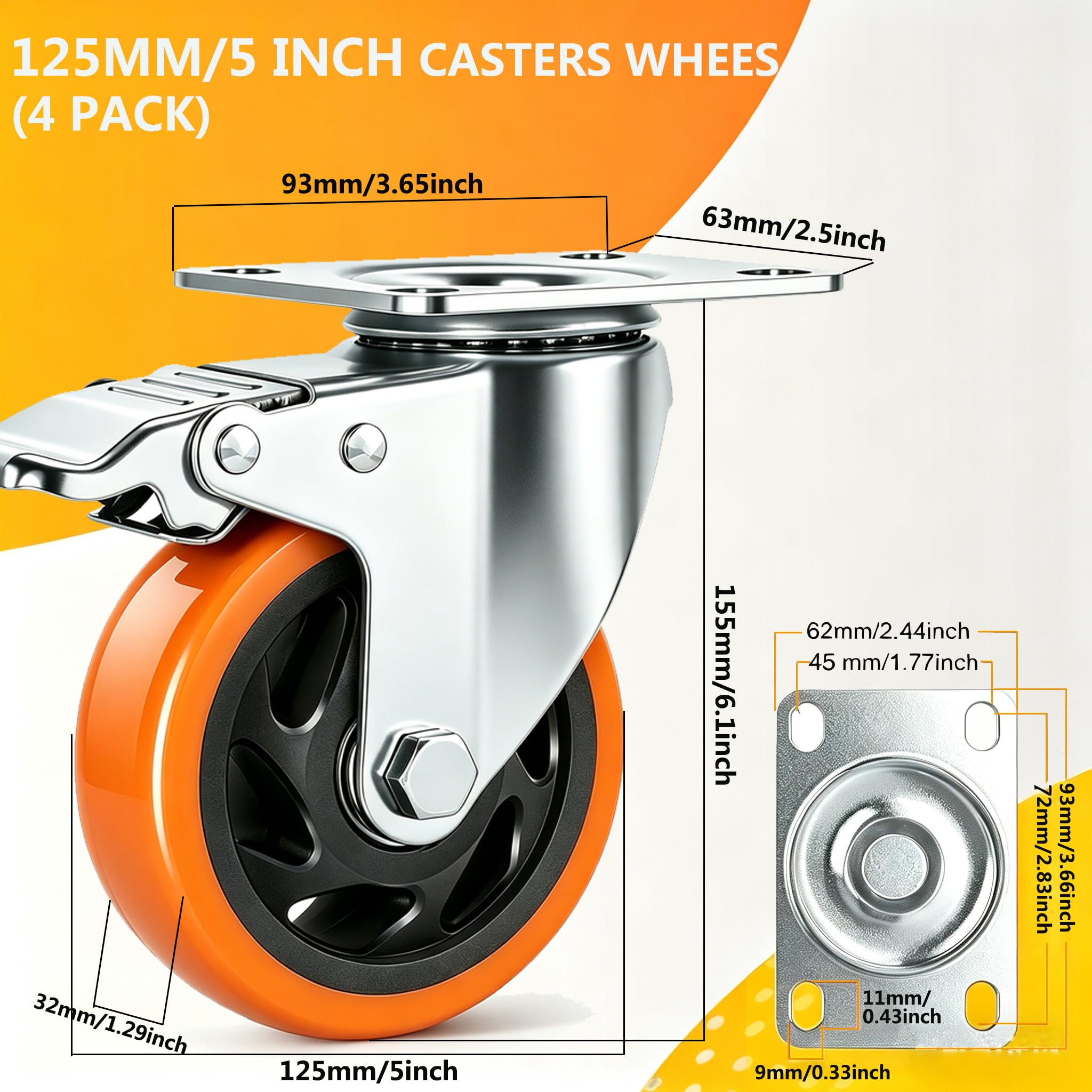Mobili Ruote per carrelli con Freni, 125mm per carichi Pesanti Ruota Ruote Cuscinetto 800KG Girevole Carrello Ruote con Viti, PU Ruote per Carrello per Mobili