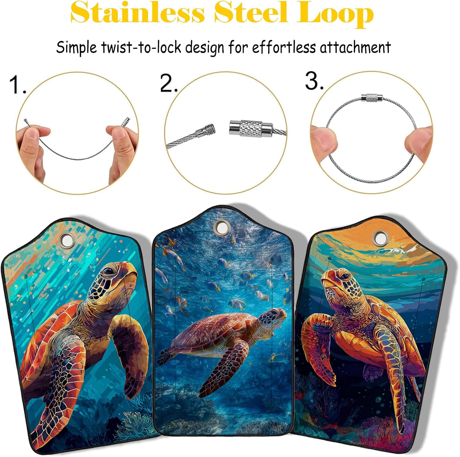 Sea Turtle Luggage Tag 3 Pack Travel Cruise Luggage Tags for Suitcases, Suitcase Tags Identifiers Bag Tags with Privacy Flap, Baggage Name Tag for Women Men Luggage Backpack Handbag School Bag image 4