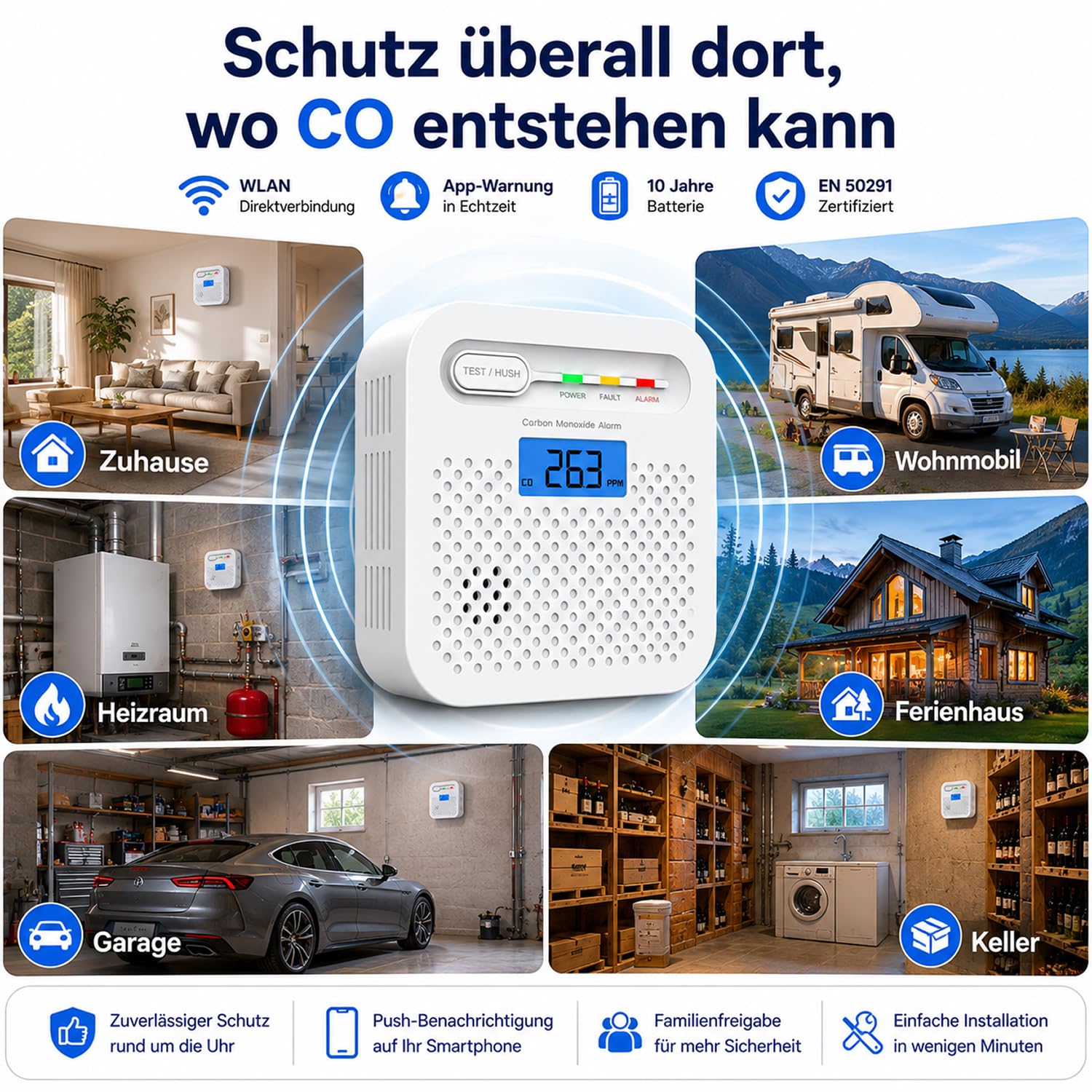 WLAN Kohlenmonoxidmelder mit App, CO Melder ohne Hub, Echtzeit-Benachrichtigung aufs Handy, 10 Jahre Batterie, EN 50291 Geprüft, LCD Display, 85 dB Alarm, Kohlenmonoxid Warnmelder für Zuhause, 2 Stück