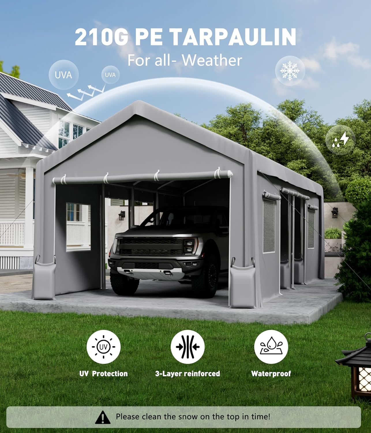 13x20 ft Heavy Duty Carport, Portable Garage Shelter Car Port with 200g PE Waterproof UV-Resistant Tarp Cover, Outdoor Garage Top Canopy Tent Storage Shelter for Car, Truck, Boat (Cover ONLY)