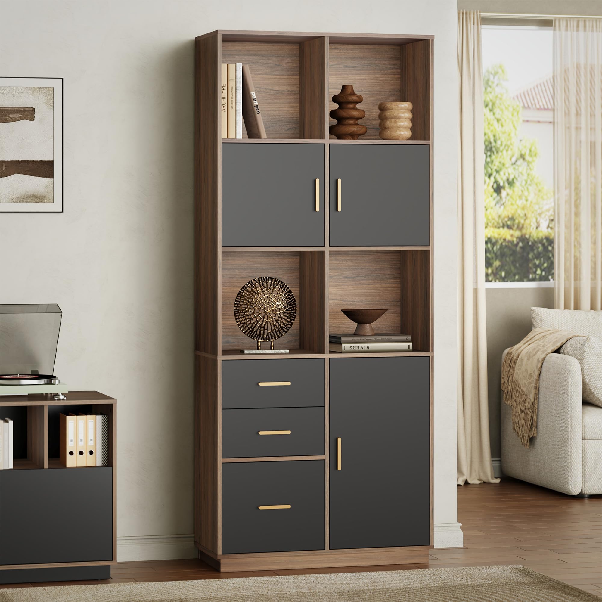 ModernMate 74.6" Tall Bookcase with 3 Drawers &amp; Doors, Open Cubes