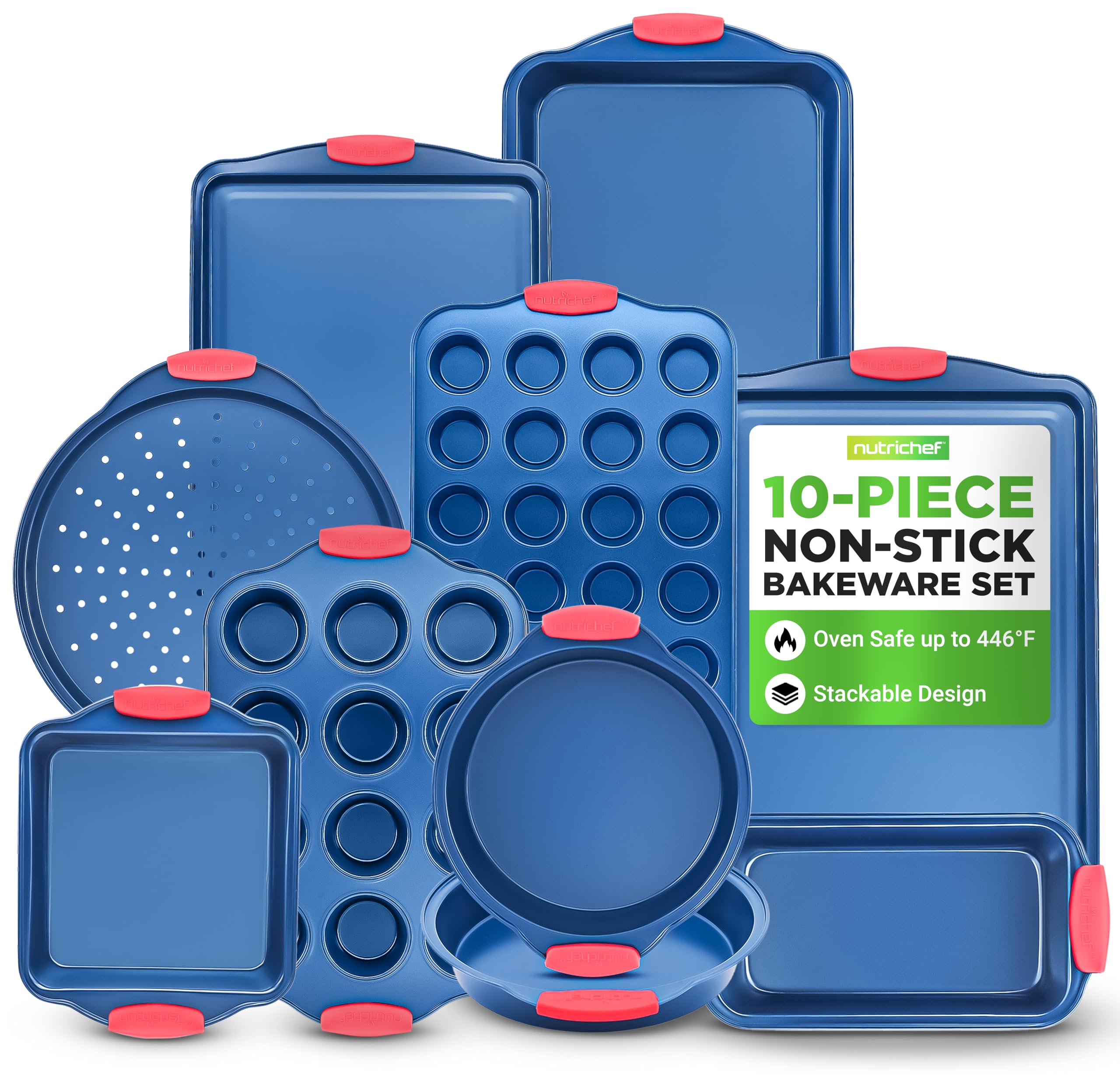 NutriChef Non-Stick Bakeware Set Carbon Steel, 10-Piece Heavy-Duty Baking Trays for Oven, Cooking Pans with Silicone Handles, Muffin Tray, Cookie Sheets, Loaf, Round & Square Pans, Dishwasher Safe