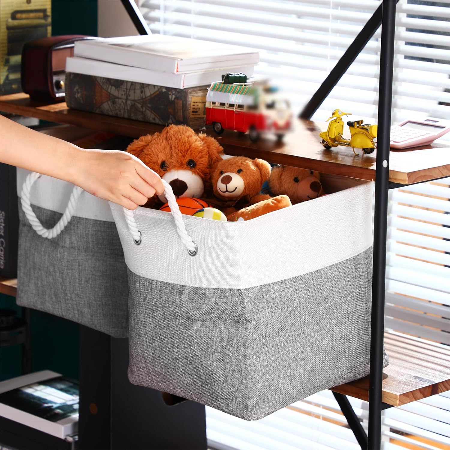 FoldTier 10 Pack Large Collapsible Fabric Storage Baskets with Handles Decorative Storage Bins for Organizing Shelves Toys Clothes(White & Gray,12 x 12 x 12 Inches)