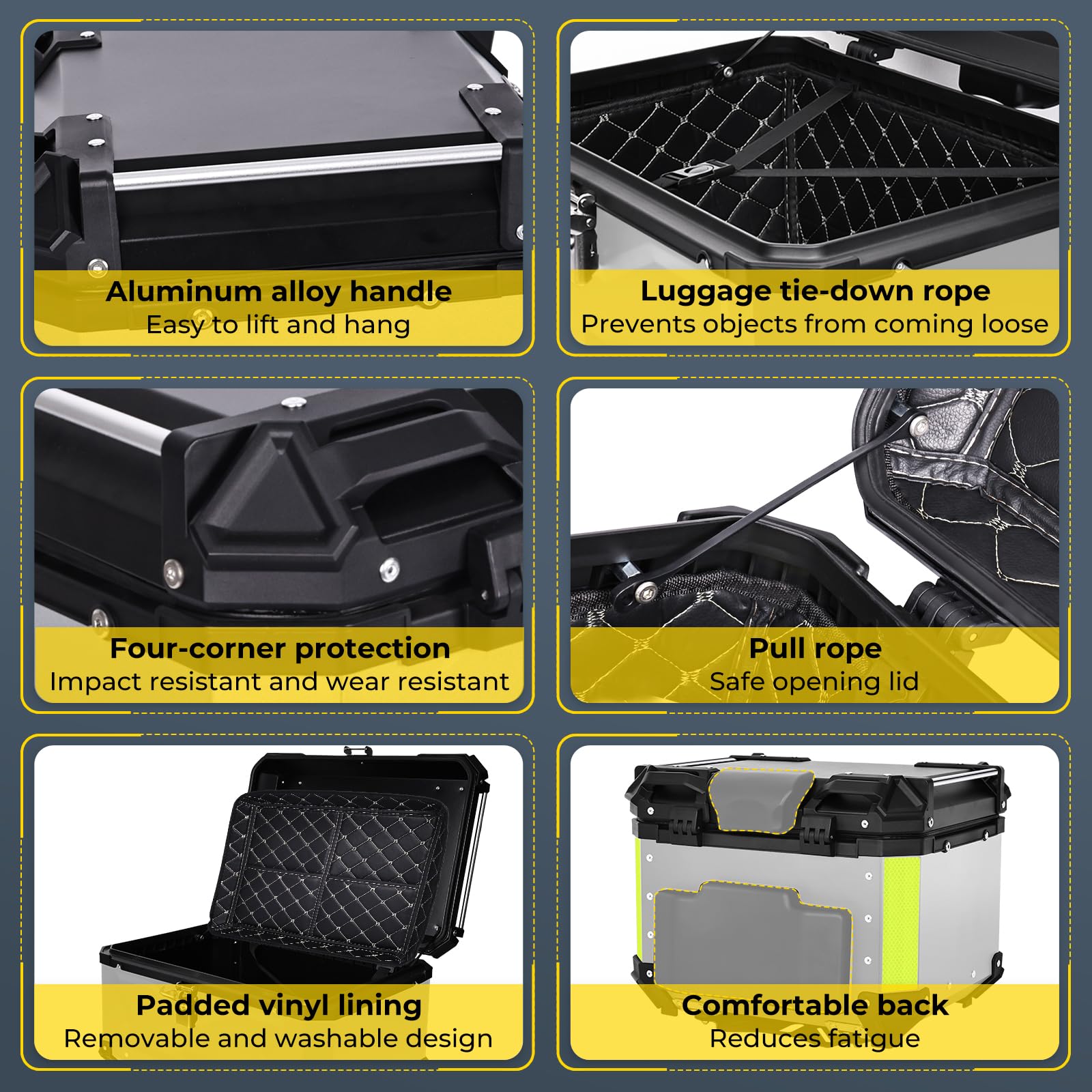Baúl para motocicleta de aluminio de 45 L, 45 litros, maletín trasero impermeable universal, cierre rápido con cerradura, acolchado para la espalda, forro interior, caja trasera Enduro