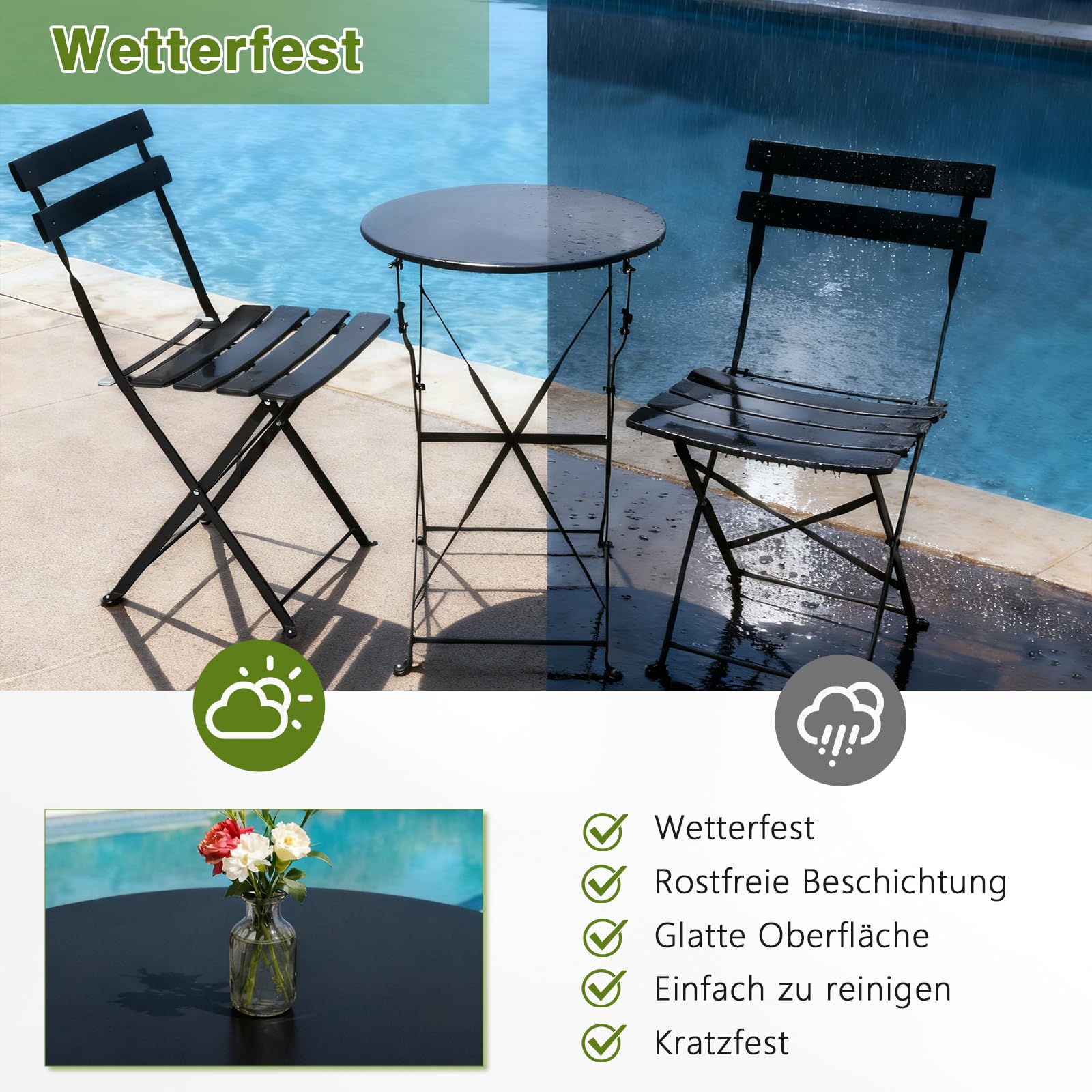 LEADZM Gartenmöbel Bistro Set Metall, Bistroset 3 teilig Klappbar - Bistrotisch mit 2 Klappstühlen, Balkonmöbel Klappbar für Balkon und Garten, Schwarz