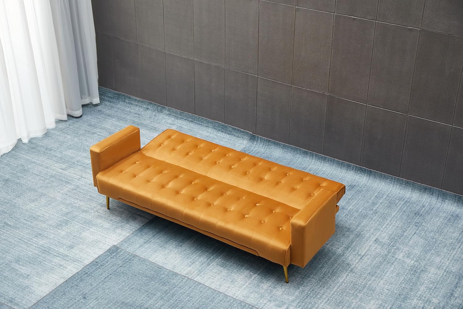 Eafurn Convertible Futon Sofa Bed, 75″Velvet Fabric Futons Loveseat Couch with Adjustable Backrest, Folding Sleeper Recliner Daybed for Living Room Furniture | Golden Legs, Wood Frame