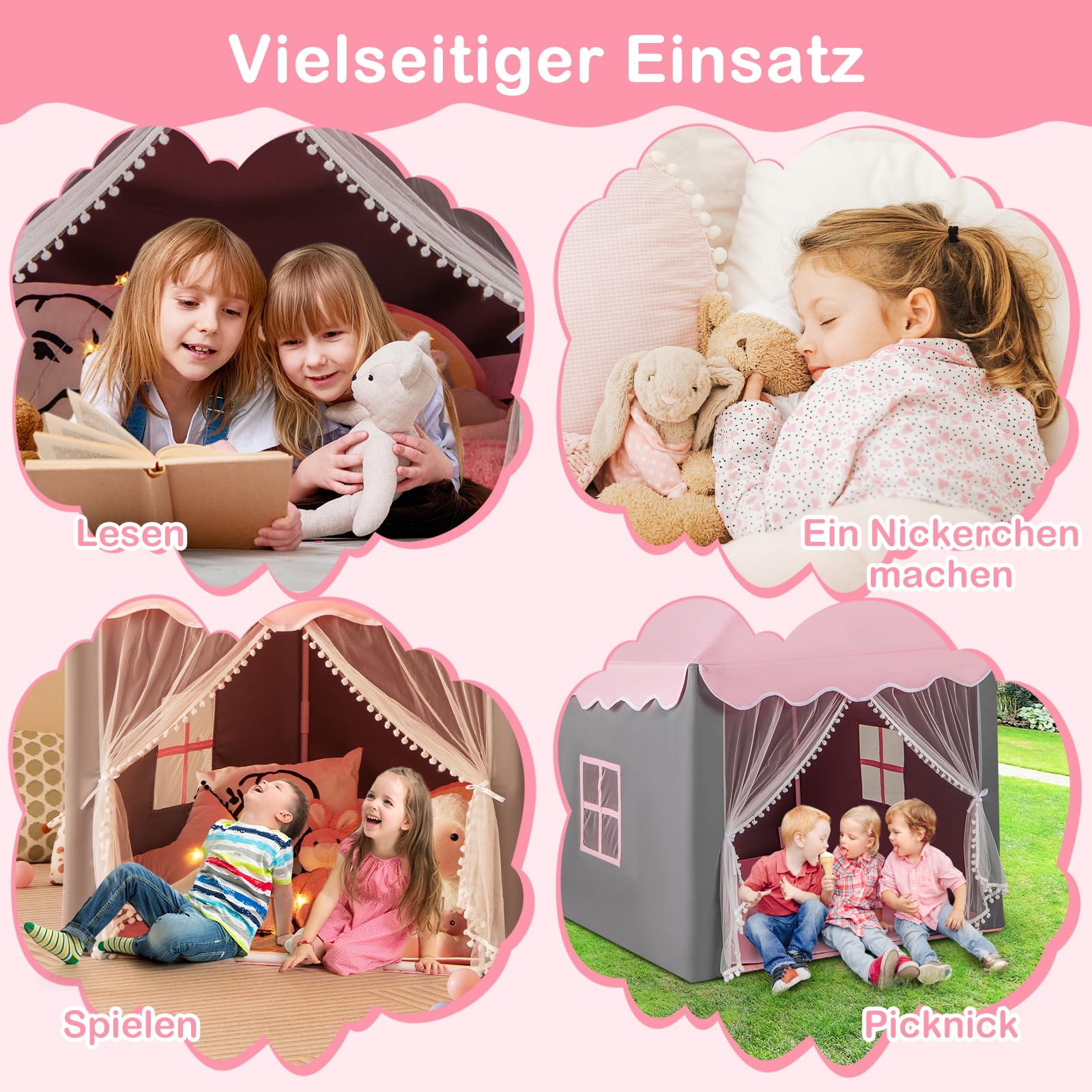 GOPLUS Kinderzelt, Spielzelt Kinder Indoor, Spielhaus mit Stern-Lichterkette, Matte, Gaze-Vorhänge & Fenstern, Spielhaus Klappzelt für Drinnen und Draußen, Geeignet für Kinder ab 3 Jahren (Pink)