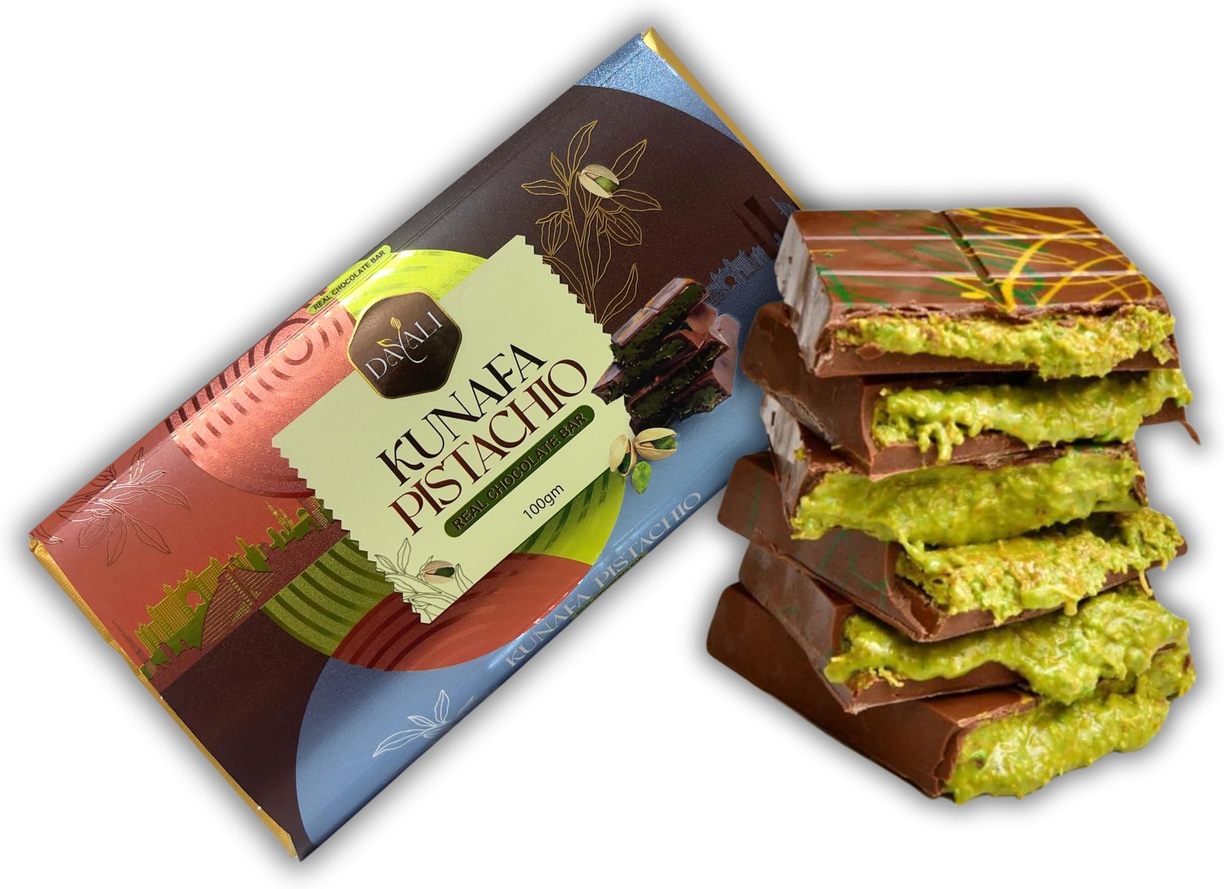 Dayali Premium Quality Pistachio Kunafa Chocolate 100G Milk Chocolate Bar | Dubai Famous Chocolate.
