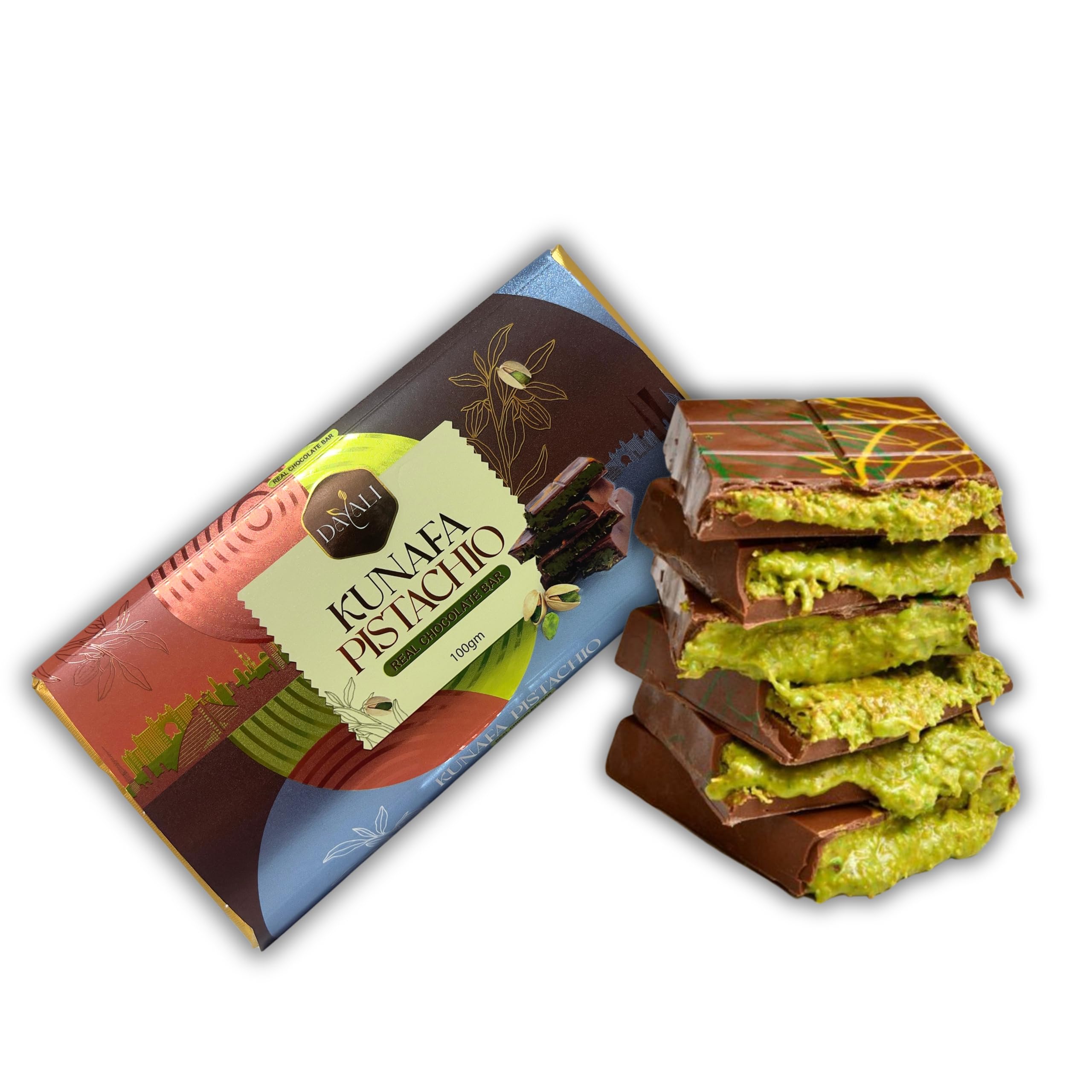 Dayali Premium Quality Pistachio Kunafa Chocolate 100G Milk Chocolate Bar | Dubai Famous Chocolate.