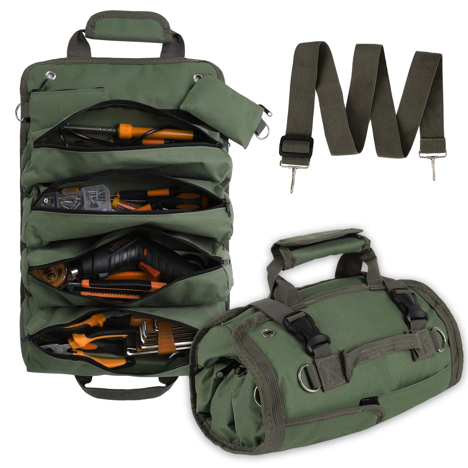 Tool Organizer Bag, Foldable Roll Up Heavy Duty Bag Organizer, with 2 Detachable Pouches, Mechanic Carrying Toolbag, Gifts for Dad Men Birthday Father Day