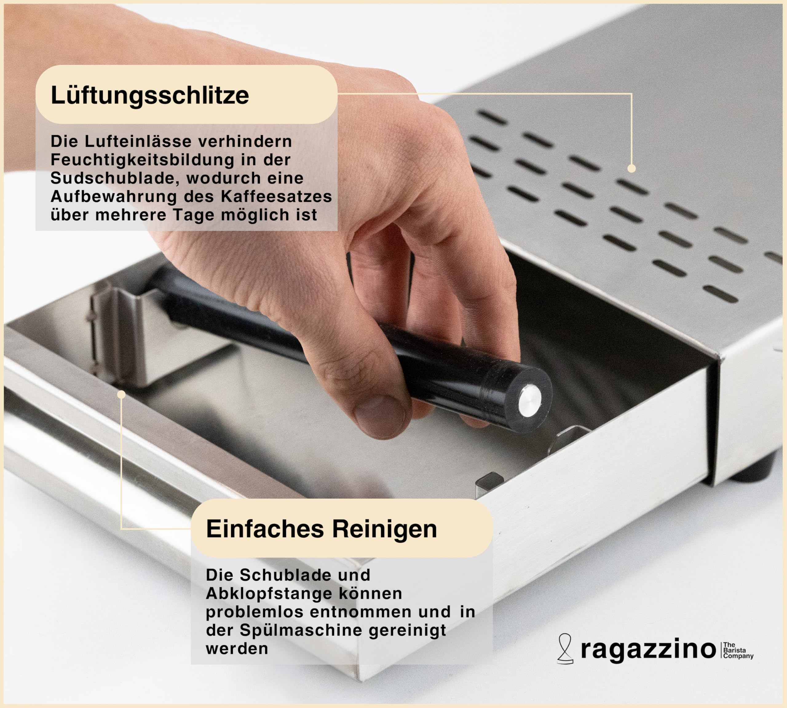 ragazzino Abklopfbehälter aus Edelstahl | Sudschublade für Espresso Siebträgermaschine | Abschlagkasten mit herausnehmbarer Abklopfstange | Knock Box 280x180x64mm