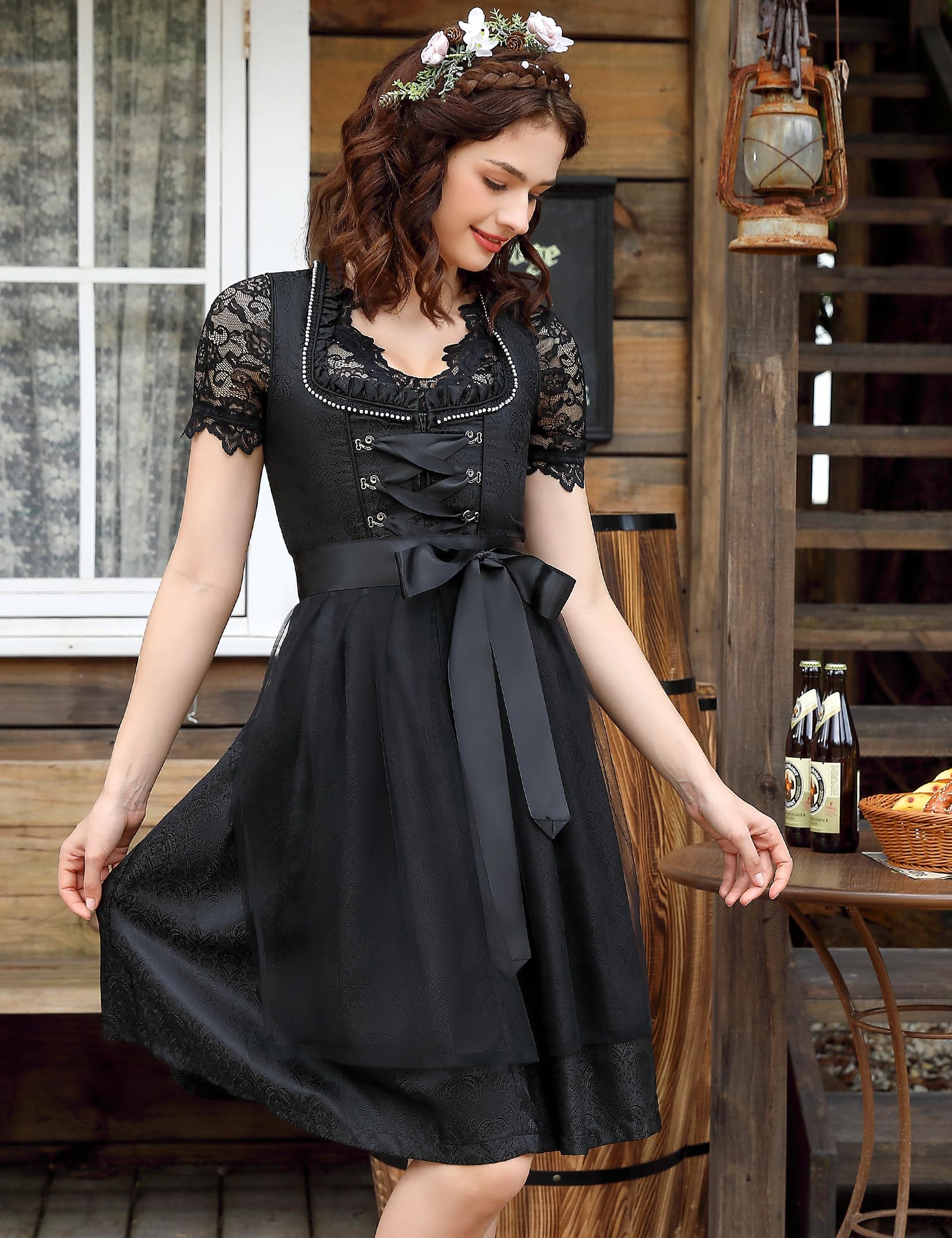 KOJOOIN Kurz Dirndl Damen 3Tlg. Trachtenkleid Midi für Oktoberfest mit Spitzenschürze