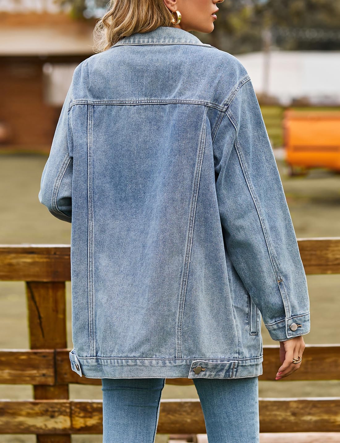 Sukany Chaqueta vaquera casual para mujer, de gran tamaño, con botones, cuello vuelto, holgada, manga larga, abrigo largo medio