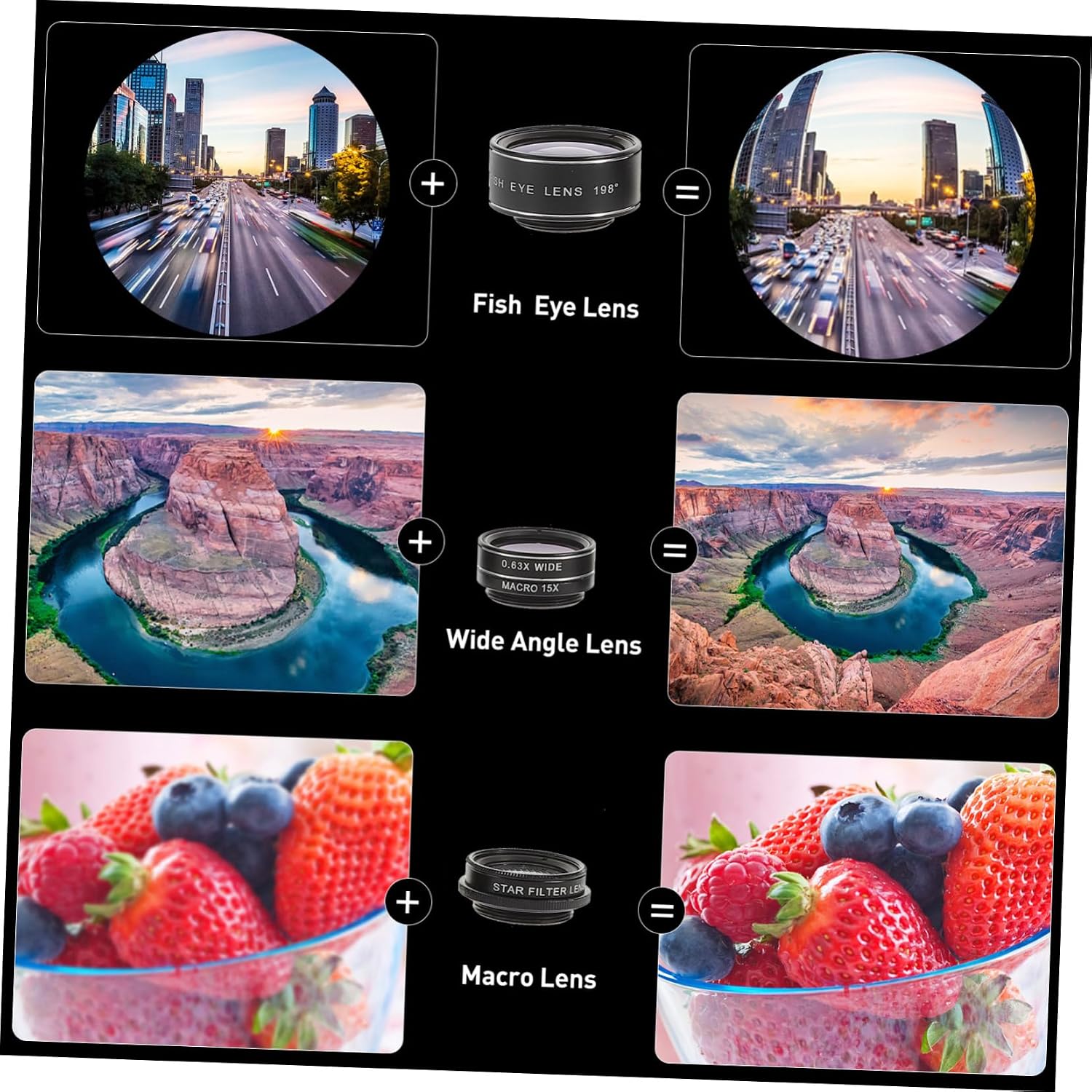 NUOBESTY 1Set Mobile Phone Camera Lens Kit Wide Angle Fisheye Macro and Telephoto Lenses for Smartphones Easy to Install for Photography Enthusiasts Black