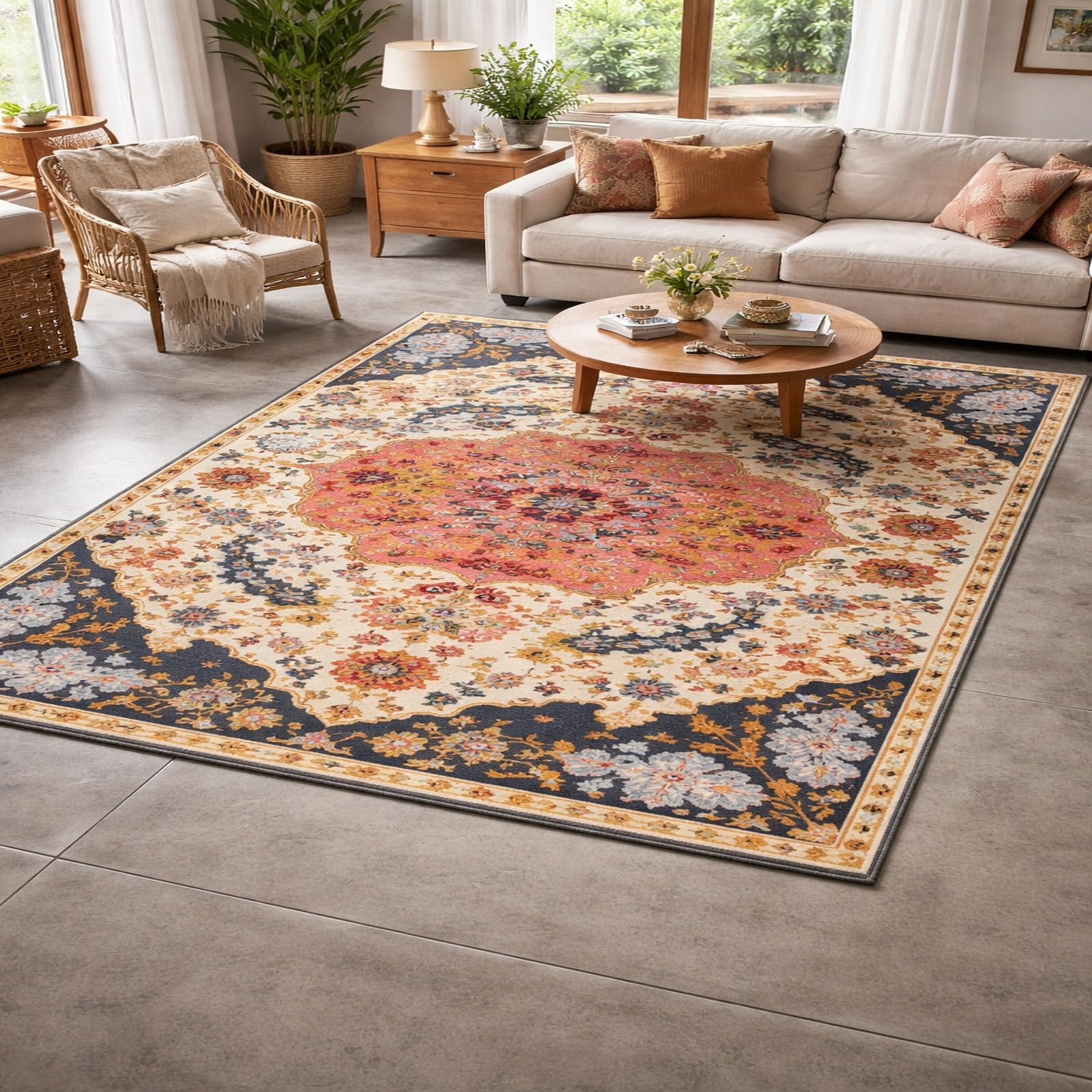 Tapis d'entrée intérieur floral 60x110 cm rose et bleu pour salon