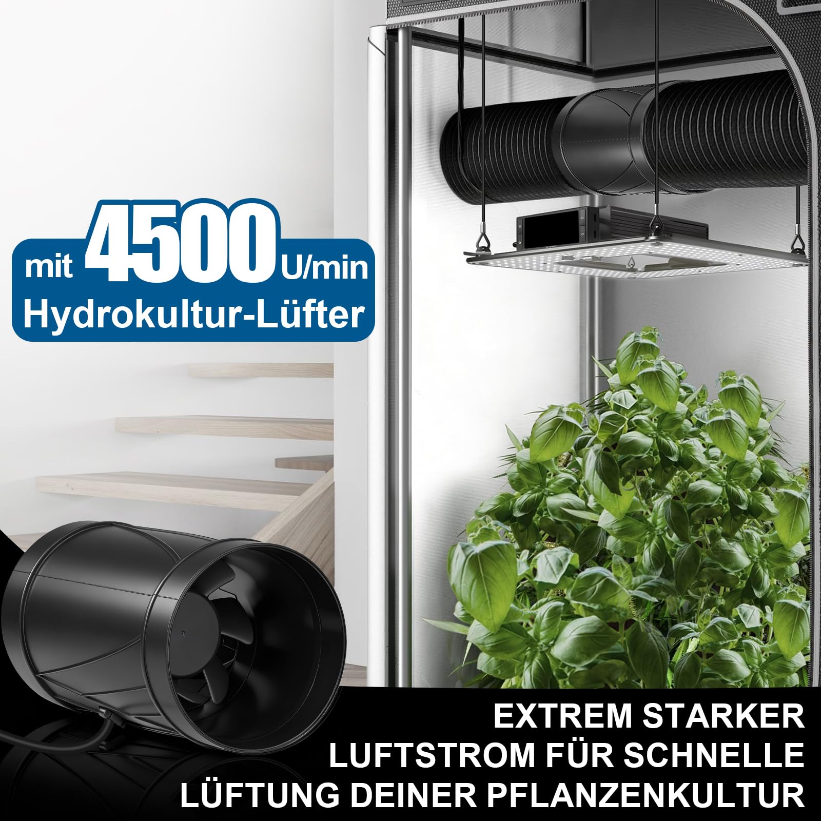 Regelbar Rohrventilator 100mm, EC Motor Inline Abluftventilator 222 m³/h | Rohrlüfter Kanalventilator 4500 RPM mit Drehzahlregler, EU-Stecker, 3m Kabel für Grow-Zelte, Gewächshaus, Badzimmer, Garage