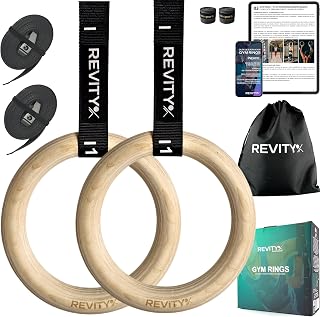 Anillas Gimnasia de Madera - Anillas Calistenia 32 mm para Crossfit, Musculación y Fitness, Correas 450 x 3,8 cm con Marcas de Medida, Carga Máxima 250 kg, Cintas de Agarre para Aros, Guía PDF