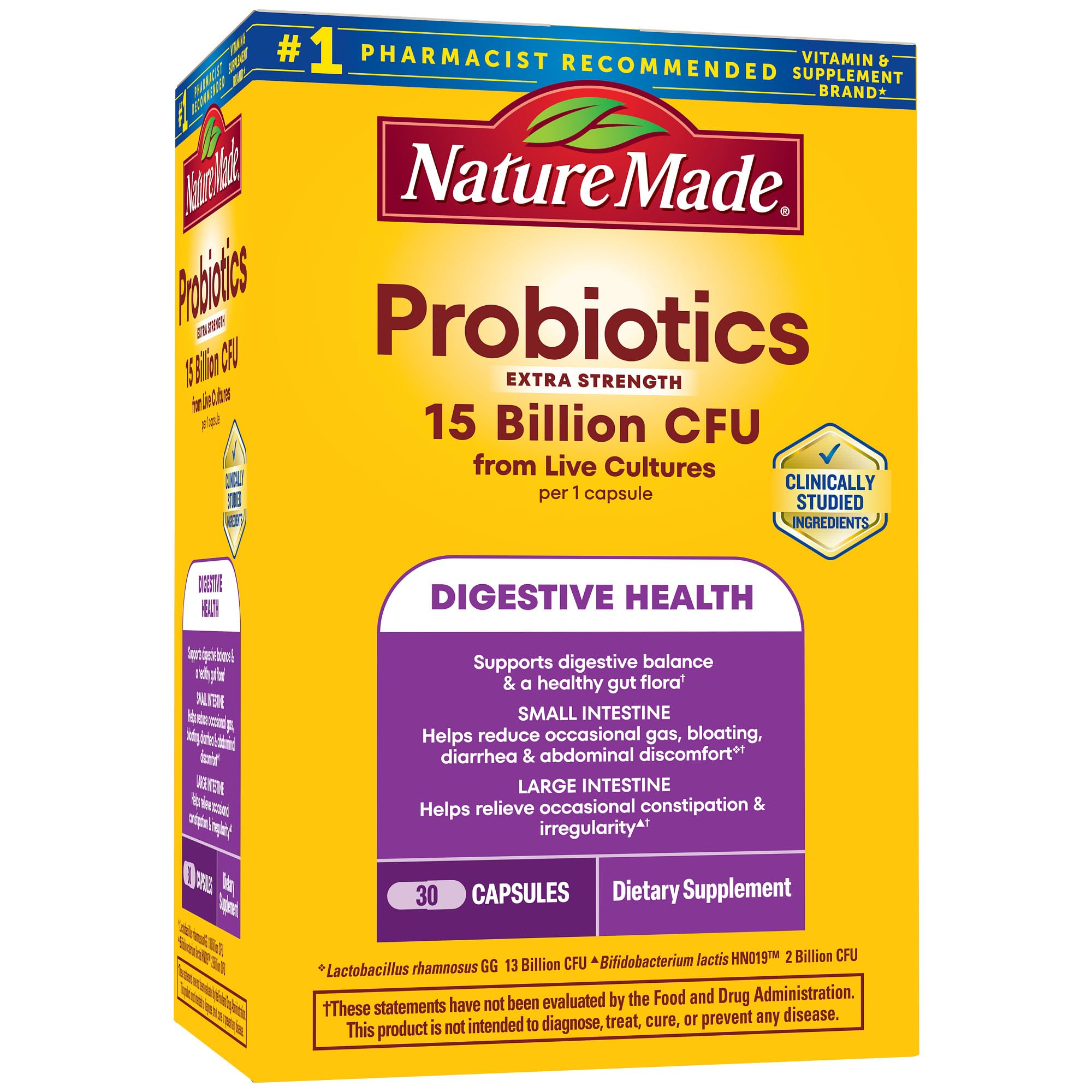 Nature Made Probiotics for Digestive Health, 30 Probiotic Capsules | Extra Strength, 15 Billion CFU from Live Cultures, Probiotics for Women and Men, No Refrigeration Required, 30 Day Supply
