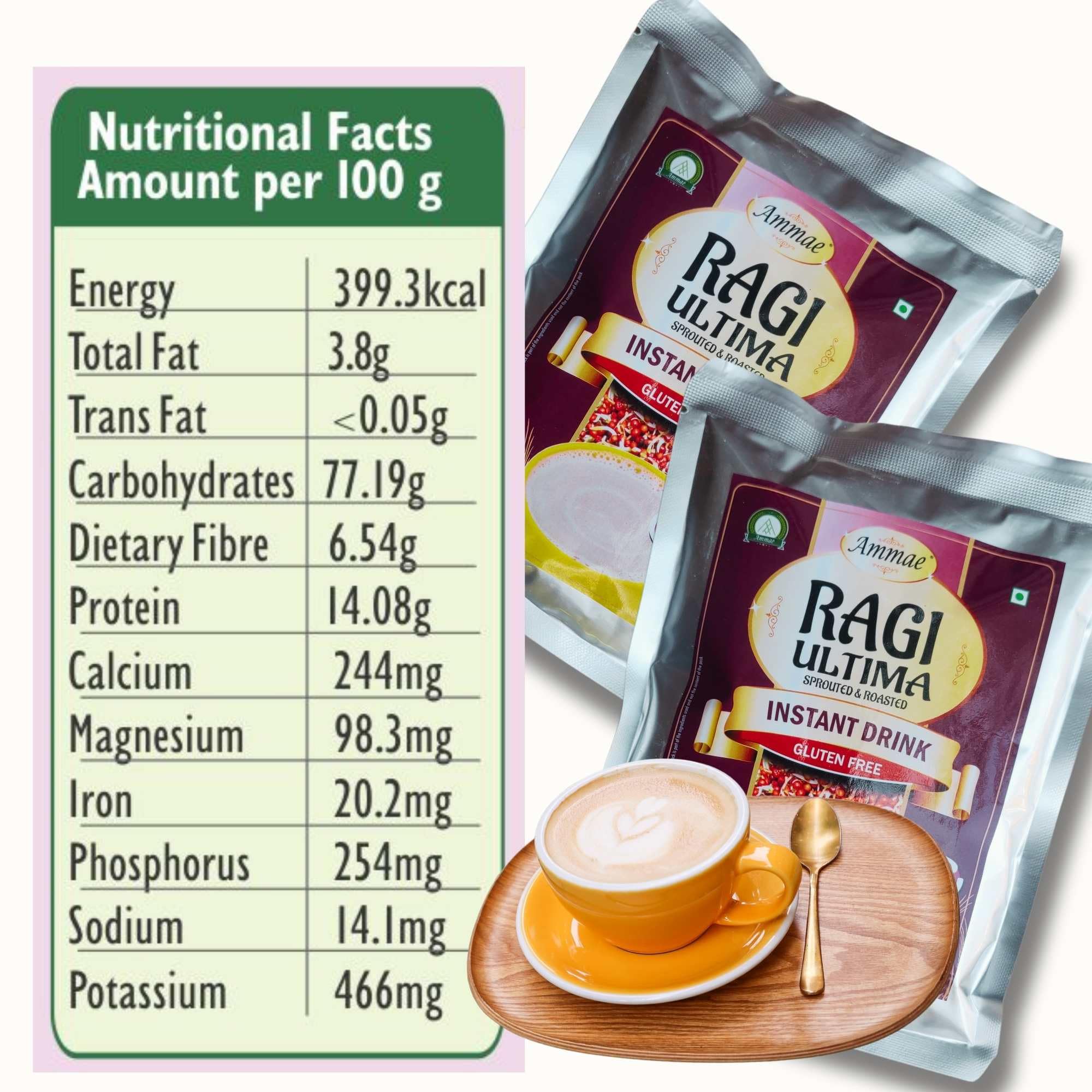 Ammae Instant Malted Drink mix Ragi Ultima, 400g, Sprouted & Roasted Ragi with Roasted gram | No Sugar | No Salt | No Milk | No Preservatives & Chemicals - Image 2 thumbnail