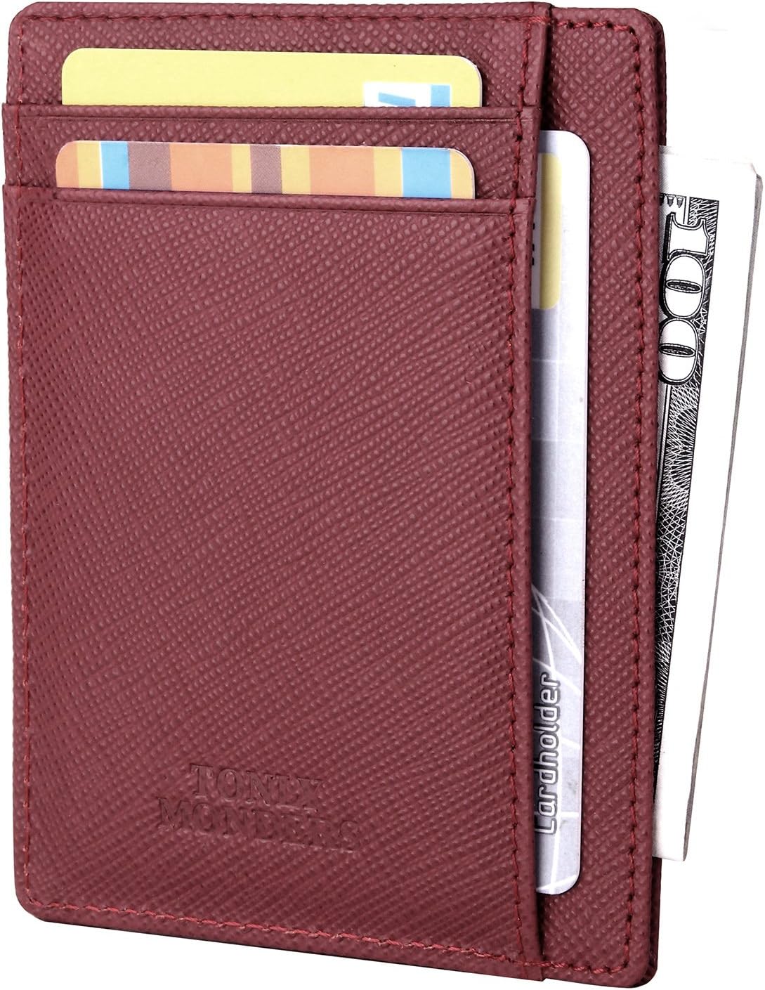 Tonly Monders Minimalist Genuine Leather Wallet RFID Front Pocket Wallet Slim Credit Card Holder (#4 Wine Red - Saffiano)