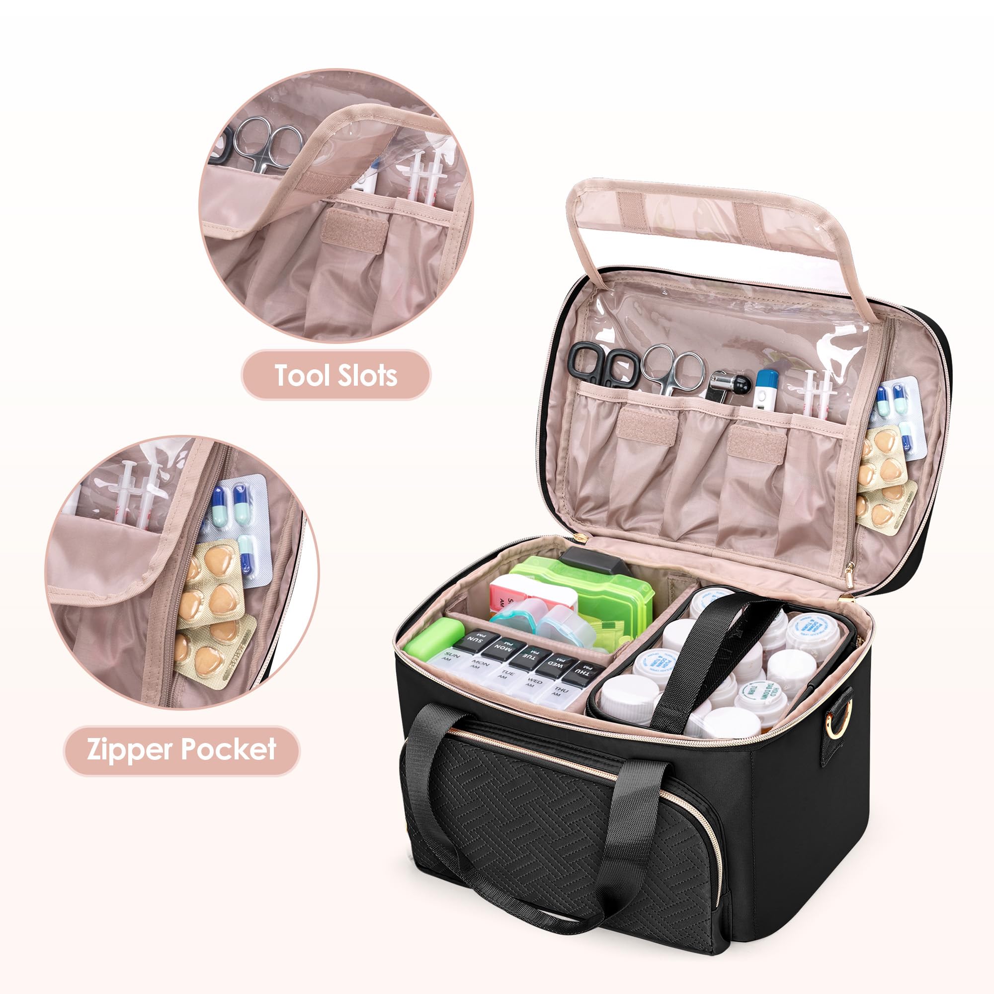 Borsa Porta Medicinali 2 Borse Mediche Organizer Flaconi Pillole Pronto Soccorso Vuota Viaggi Nero