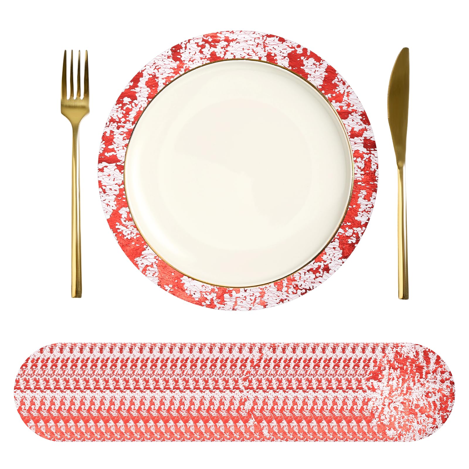 sourcing map 50Pcs Disposable Round Placemats, 33cm Chargers Place Mats Metallic Thin Mesh Table Mates Pressed Foil Table Doilies for Dining Table Wedding Birthday Party Home Decor, Red