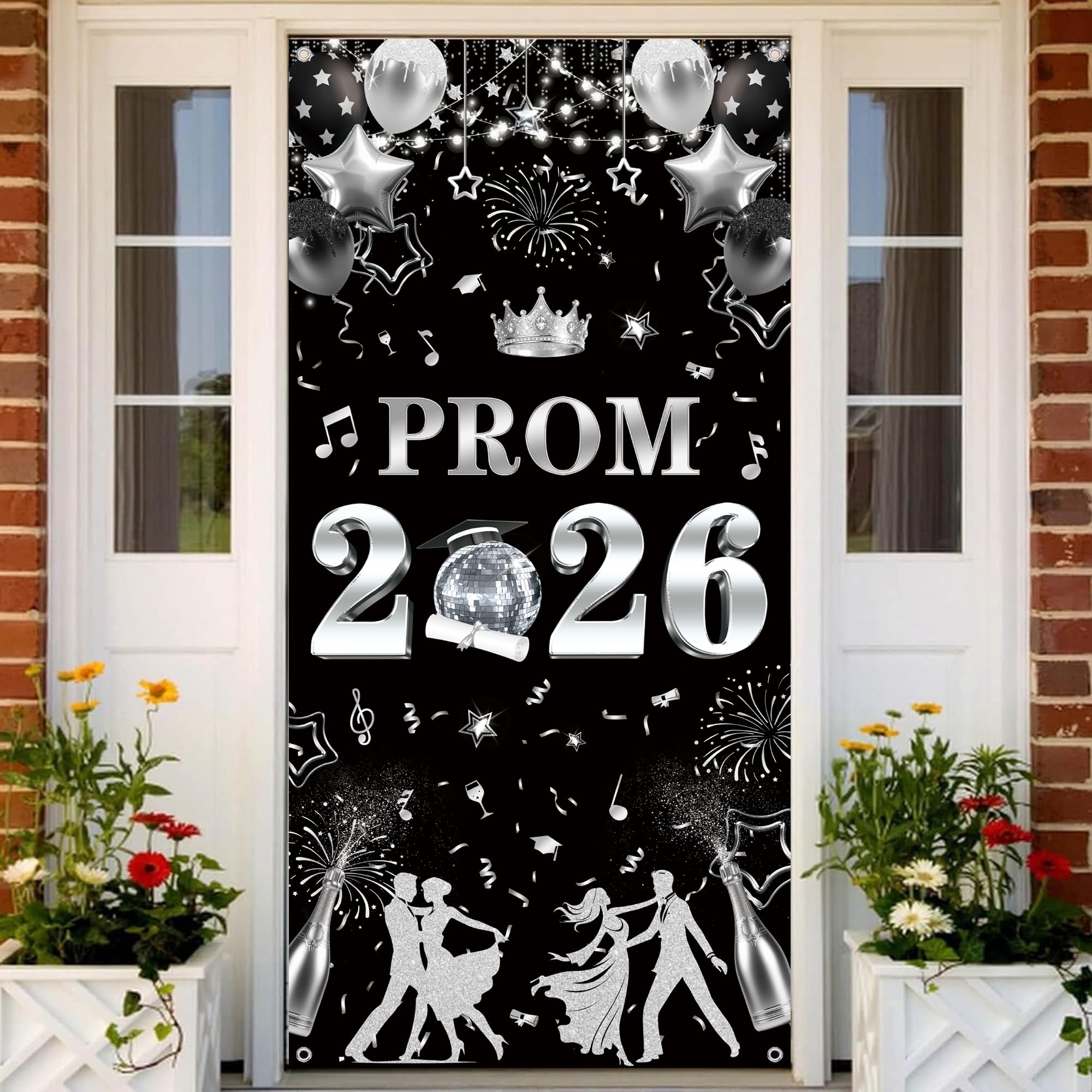 Graduation Prom 2026 Banner Decoration - Black Silver Glitter Prom Night Sign with Crown and Disco Ball, Grad Party Door Banner Decor for Prom Send Off, Home or Venue