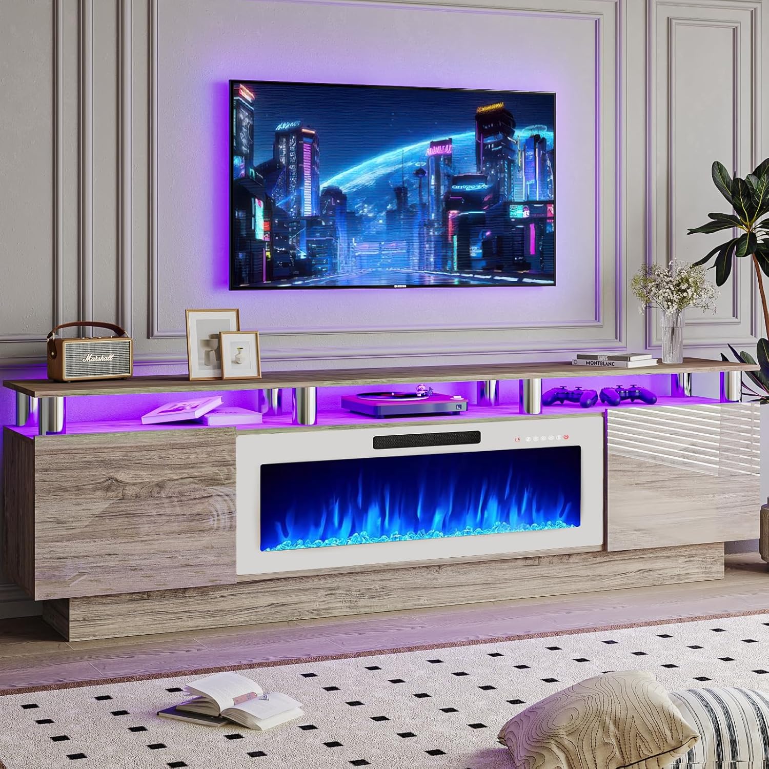 70" Modern Fireplace TV Stand with 36" Electric Fireplace for TVs Up to 80 inch, Luxury LED Light Entertainment Center with High Gloss Cabinet, TV Consoles for Living Room, Black