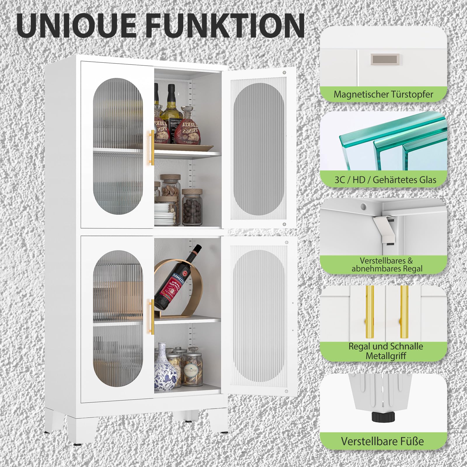 155㎝ H Metallküche Speisekammer Aufbewahrungsschrank, freistehender Schrank mit 4 Acrylglastüren und 2 verstellbaren Regalen, stehende Aufbewahrung für Küche, Bad, Garage oder Esszimmer (Weiß)