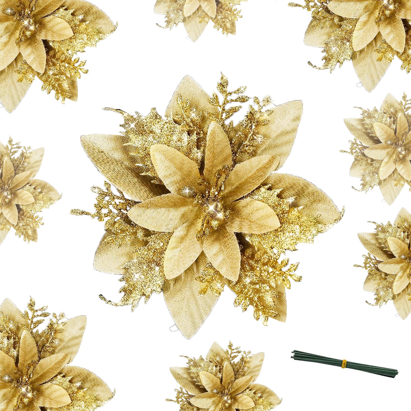 DITK-U 12pcs Artificial Flowers Glitter Poinsettia Christmas Decorations Xmas Tree Ornaments for Wedding Tree New Year Ornaments Xmas Garland Wreath Decorations(Gold)