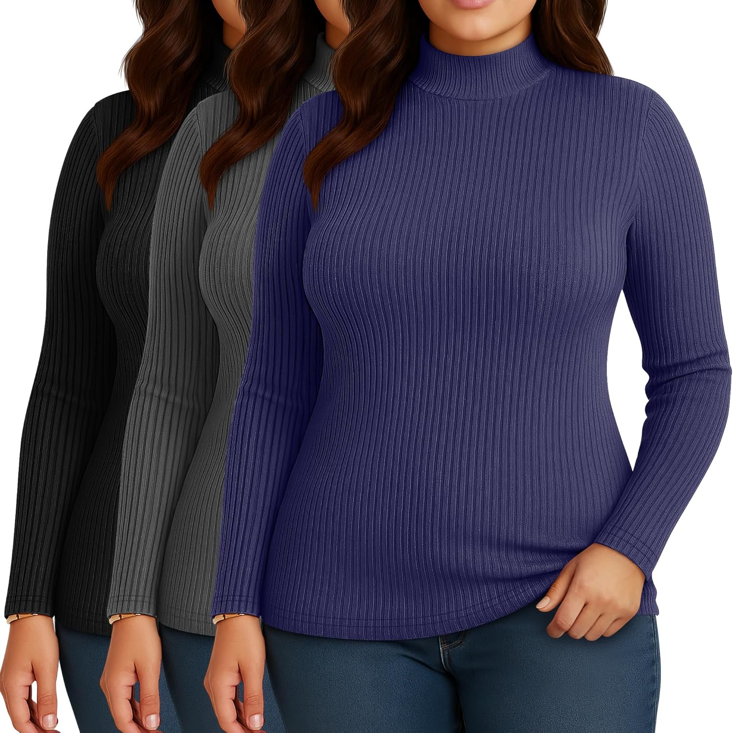 Riyiper 3 Pack Women's Ribbed Plus Size Mock Turtleneck Tops, Long Sleeve Slim Fit T-Shirts Pullover Sweater Basic Layer Top