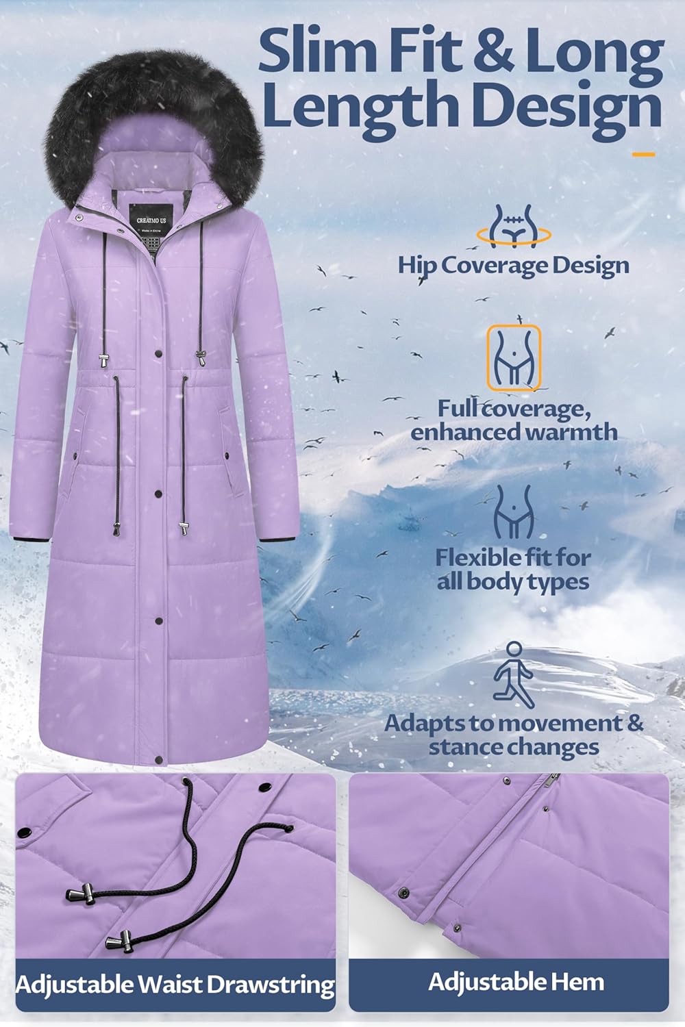 CREATMO US Women's Long Winter Coat Warm Waterproof Puffer Jacket Snow Quilted Bubble Parka with Hood - Image 5