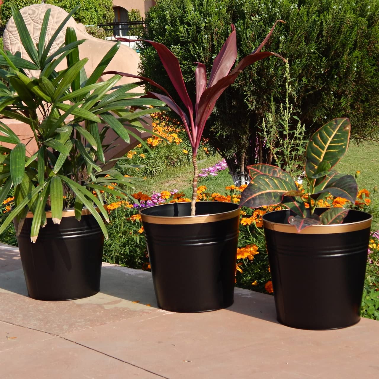 ecofynd 10 inches Shiny Metal Planters for Living Room, Flower Pots for Home Decoration, Tree Pots for Indoor Outdoor Garden, Balcony Décor Plant Pot, Black, Pack of 3 (B081ZBH2J7) Amazon Price History, Amazon Price Tracker