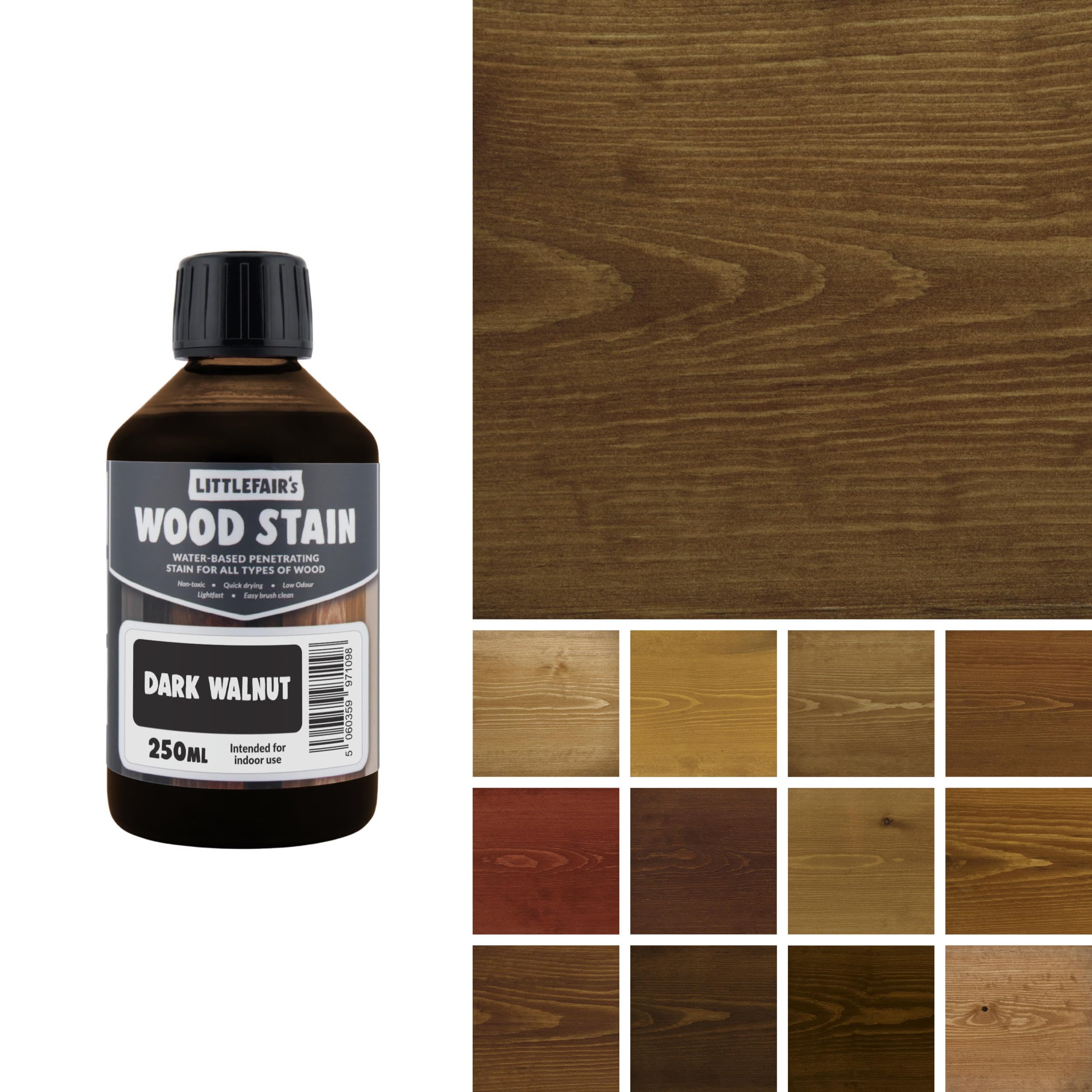 Littlefair's Wood Stain Water Based - 8.5oz/250ml - Indoor Furniture Stain Light & Dark Finishes - Special Non Toxic & Eco Friendly Formula - Wood Stain for Crafts - Color: Dark Walnut