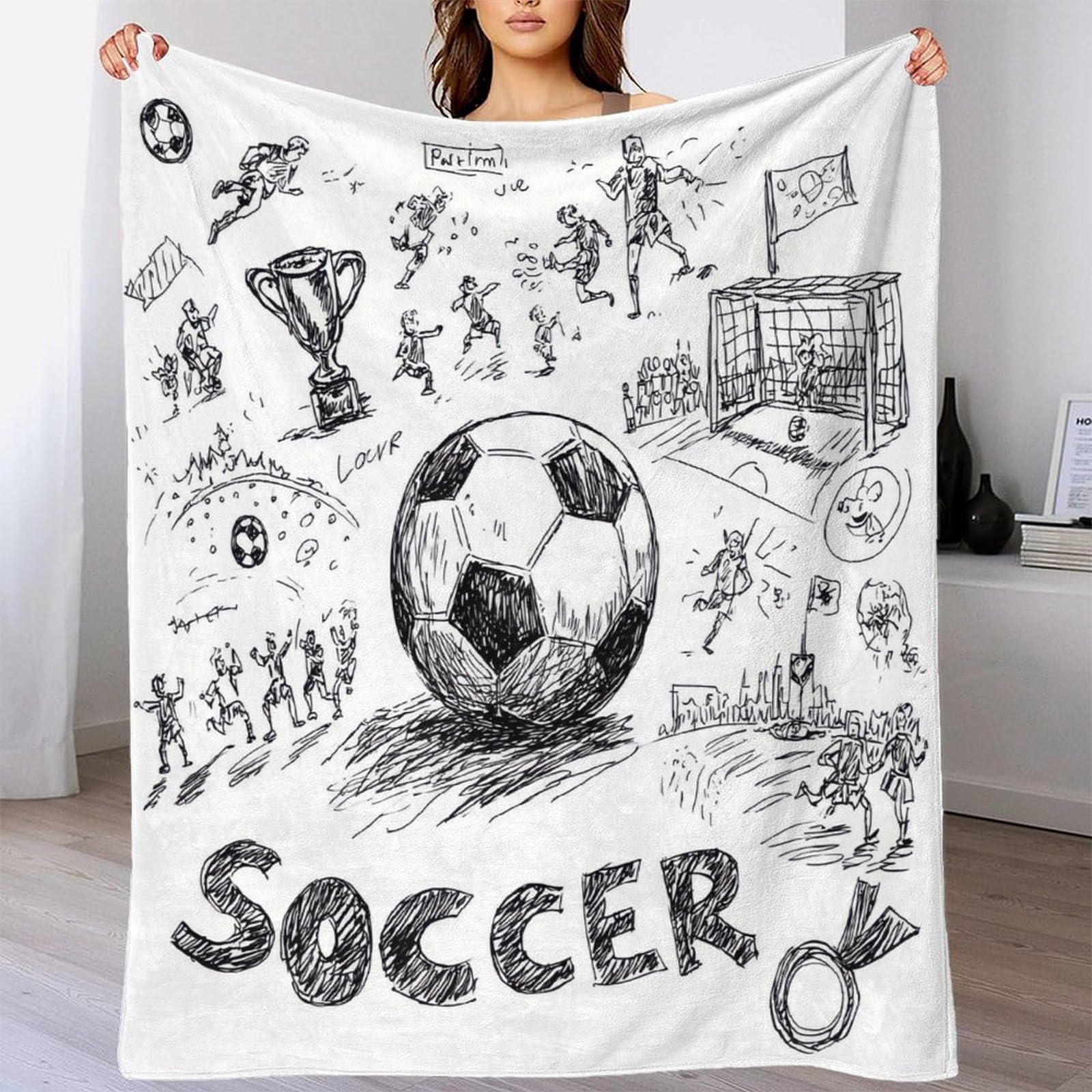 stampa 3D Soccer action coperta da viaggio microfibra biancheria da letto anti-pilling plaid da viaggio compatto per giovani in viaggio avventura hand drawn 70×80inch(180x200cm)