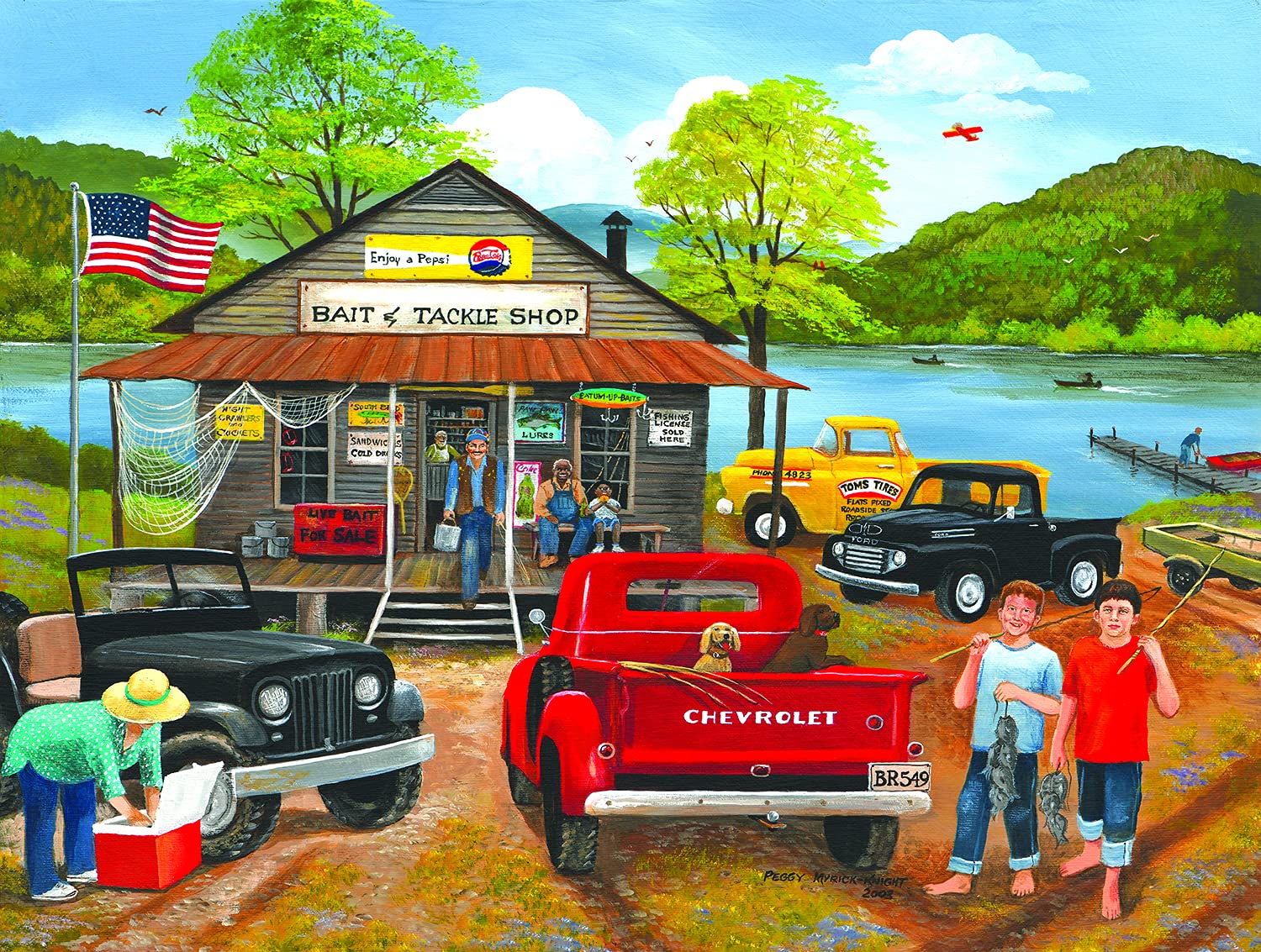 SunsOutBait Tackle Shop - 300 pc Jigsaw Puzzle by Artist: Peggy Myrick Knight - Finished Size 18" x 24" - MPN# 22140
